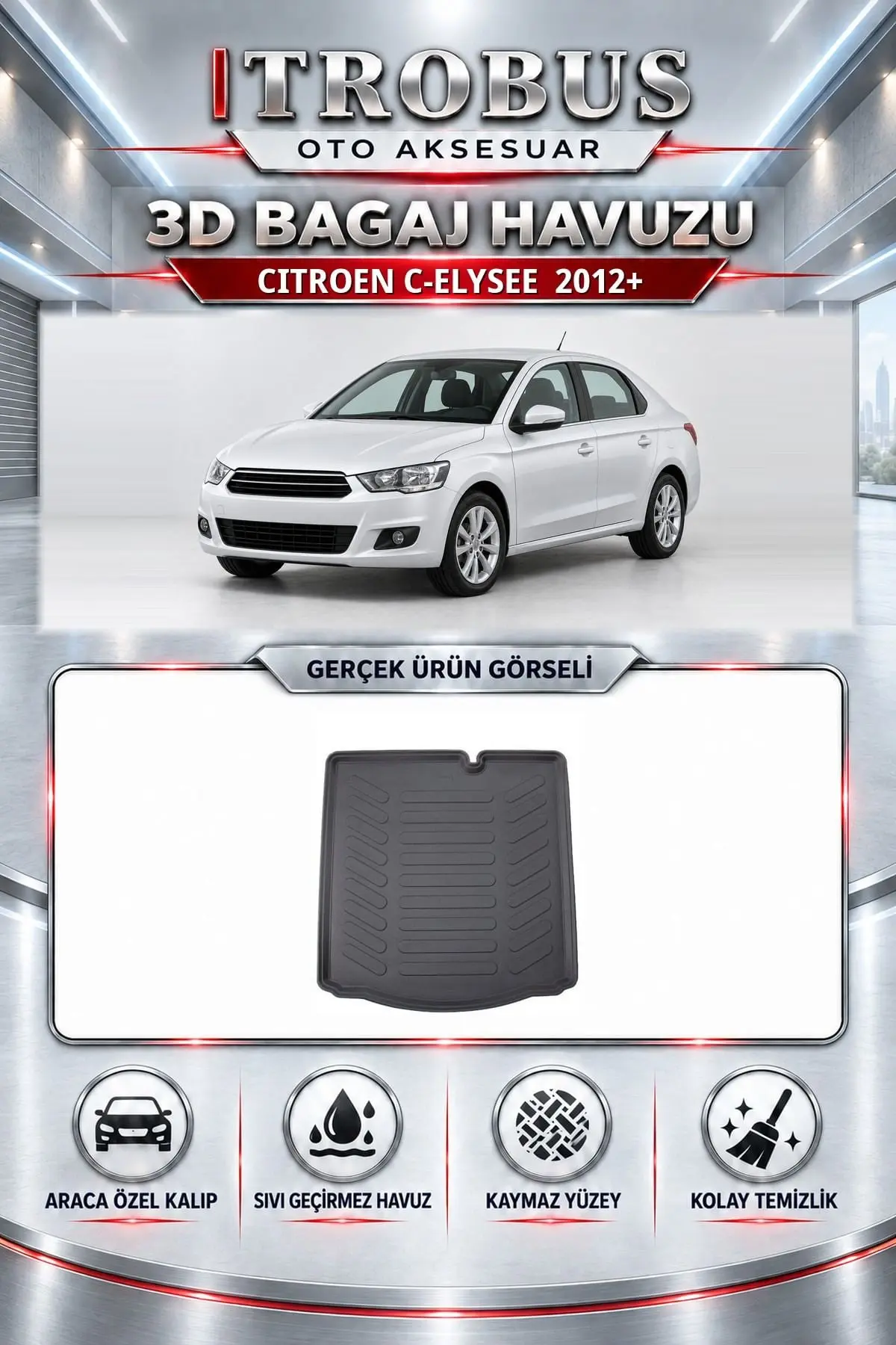 Citroen C-Elysee 2012 Sonrası Araca Özel 3D Bagaj Havuzu