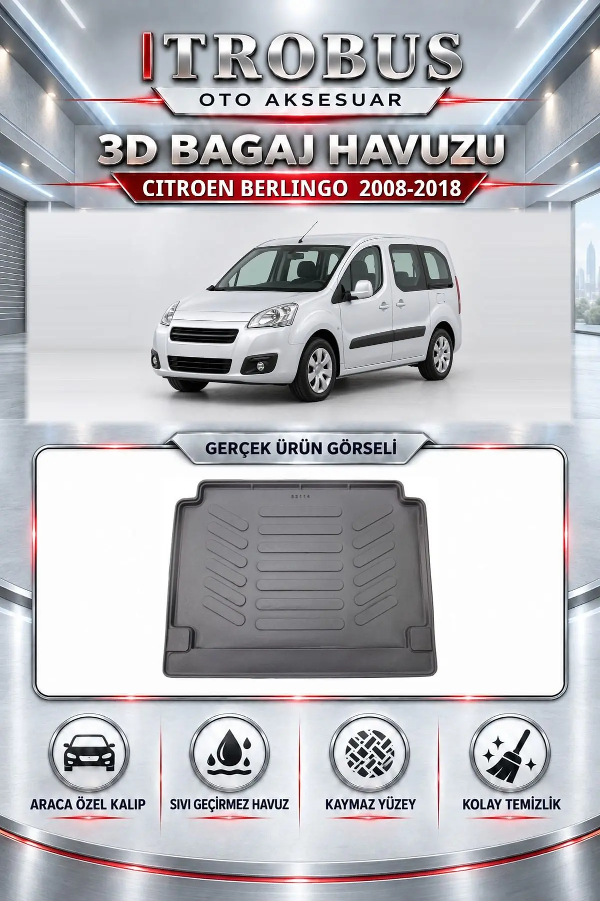 Citroen Berlingo 2008-2018 Araca Özel 3D Bagaj Havuzu