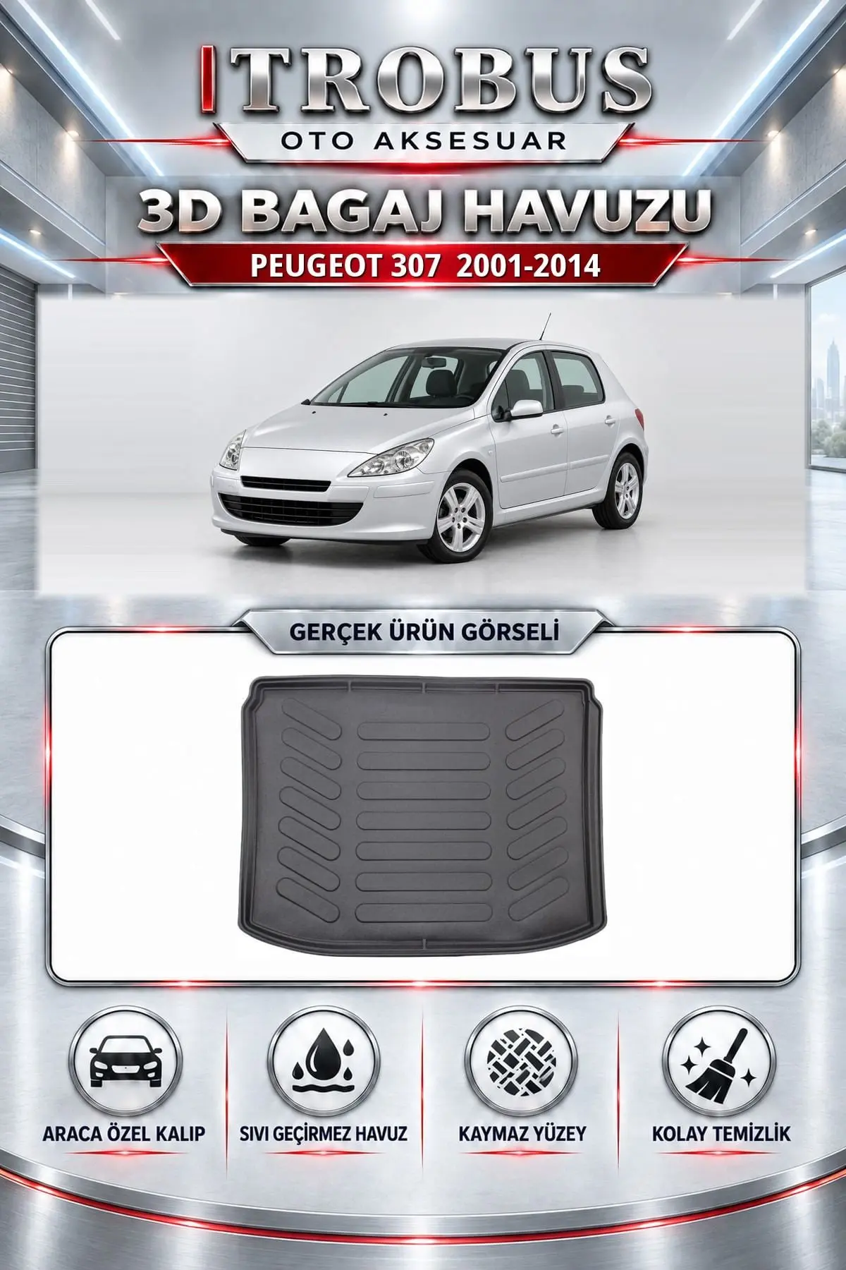 Peugeot 307 2001-2014 Araca Özel 3D Bagaj Havuzu
