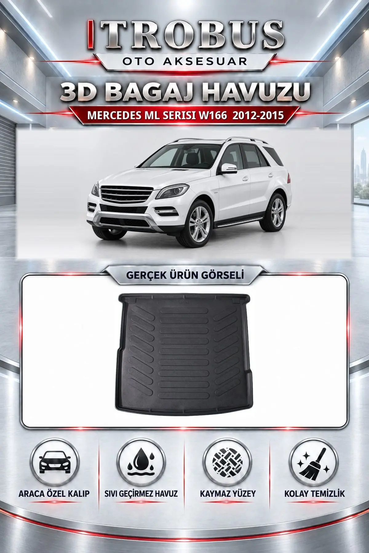 Mercedes-Benz ML Serisi 2012-2015 W166 Araca Özel 3D Bagaj Havuzu