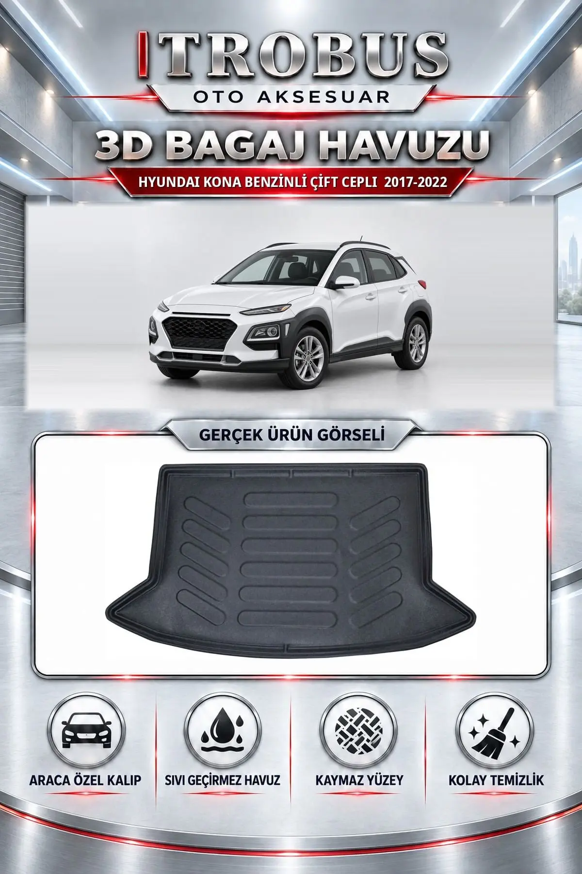 Hyundai Kona 2017-2022 Benzinli Çift Cepli Araca Özel 3D Bagaj Havuzu