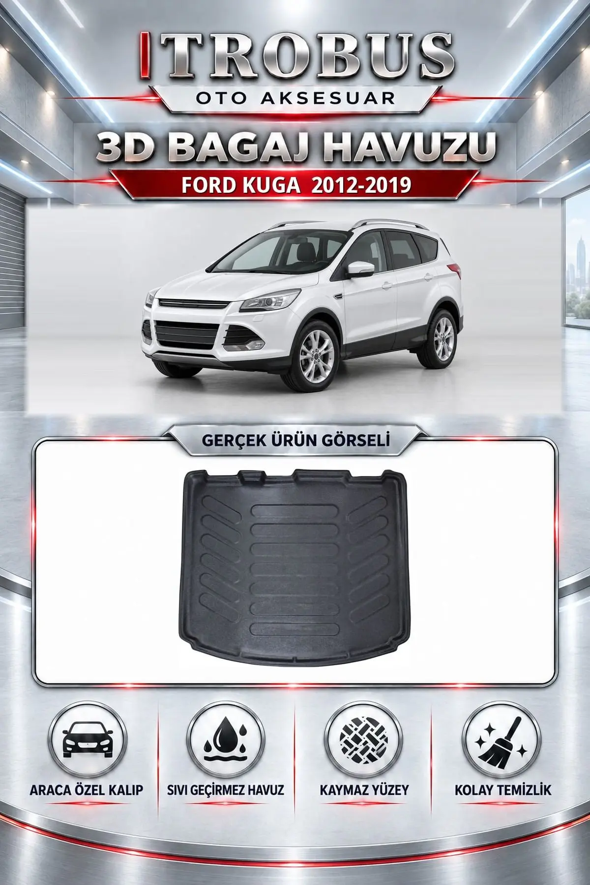 Ford Kuga 2012-2019 Araca Özel 3D Bagaj Havuzu