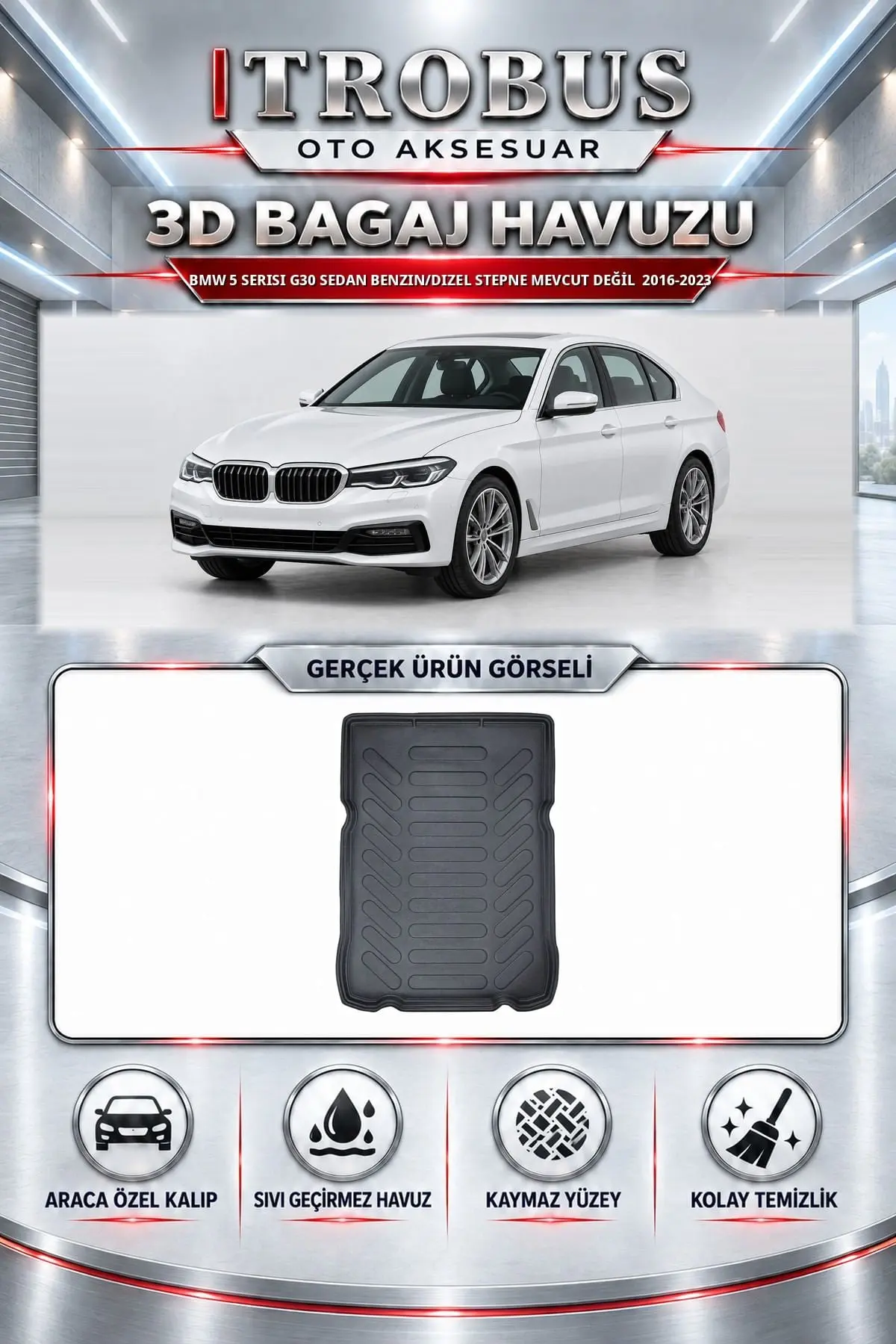 BMW 5 Serisi G30 2016-2023 Sedan Benzin/Dizel Stepne Mevcut Değil Araca Özel 3D Bagaj Havuzu