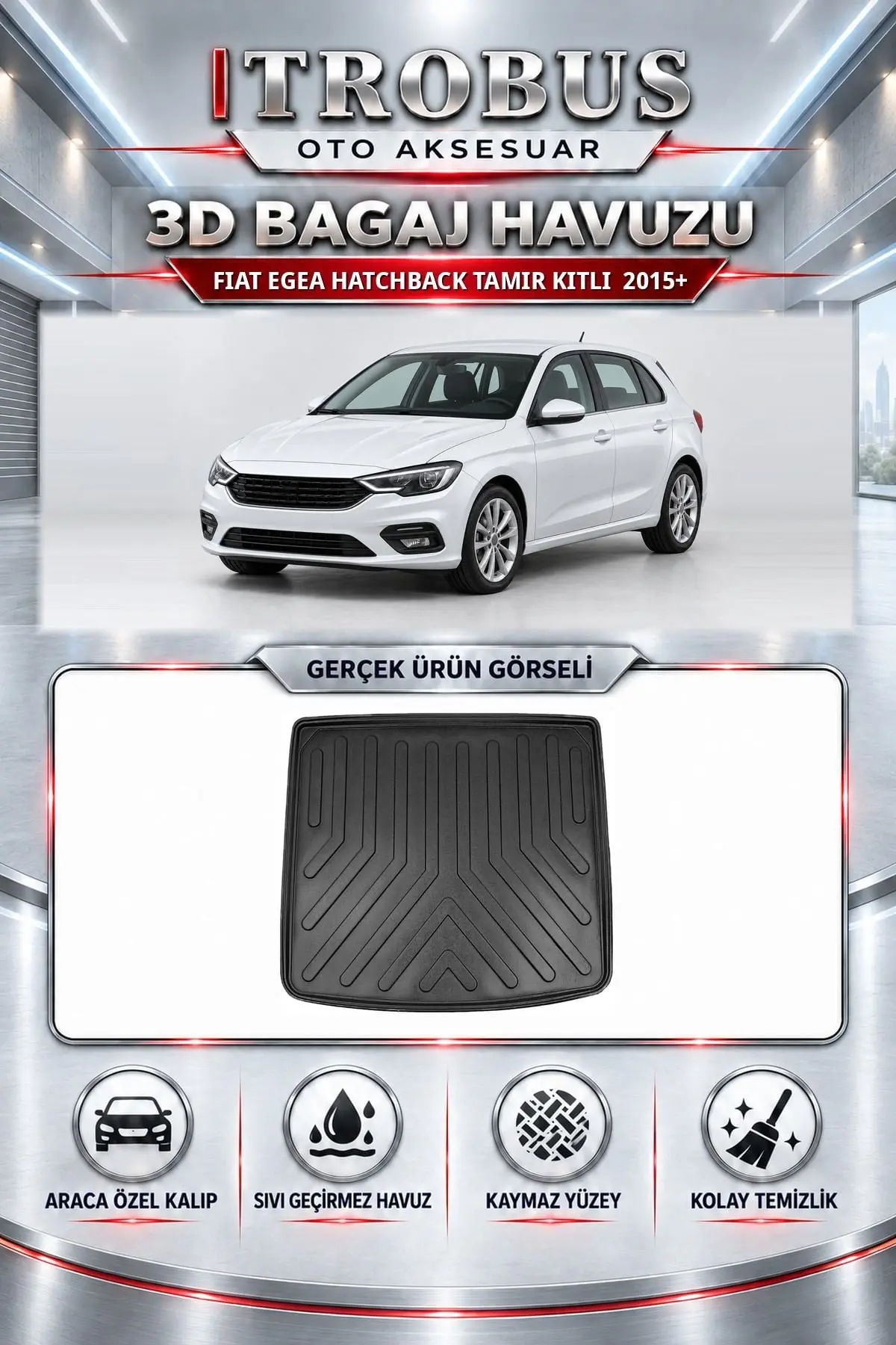 Fiat Egea 2015 Sonrası Hatchback Tamir Kitli Araca Özel 3D Bagaj Havuzu