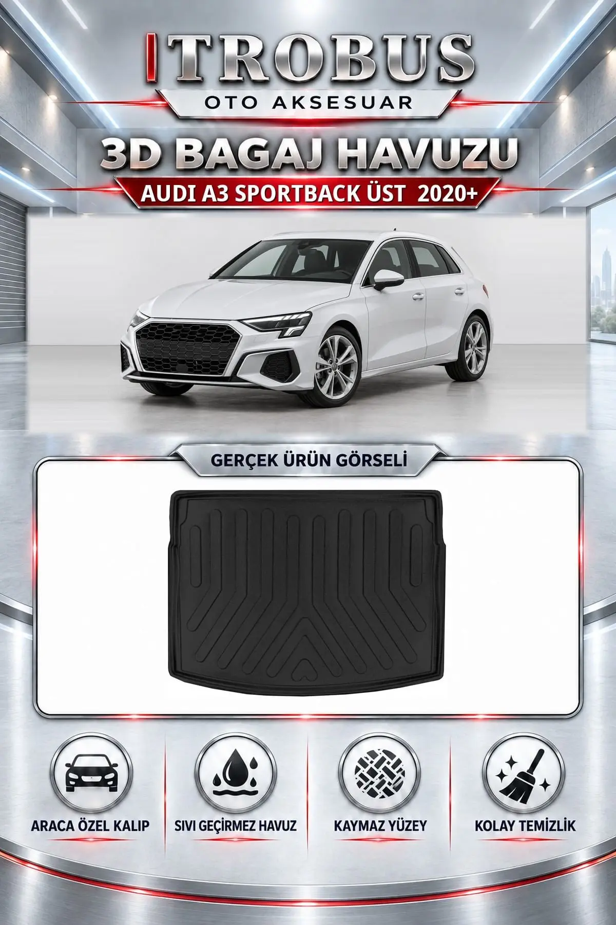 Audi A3 2020 Sonrası Sportback Üst Araca Özel 3D Bagaj Havuzu