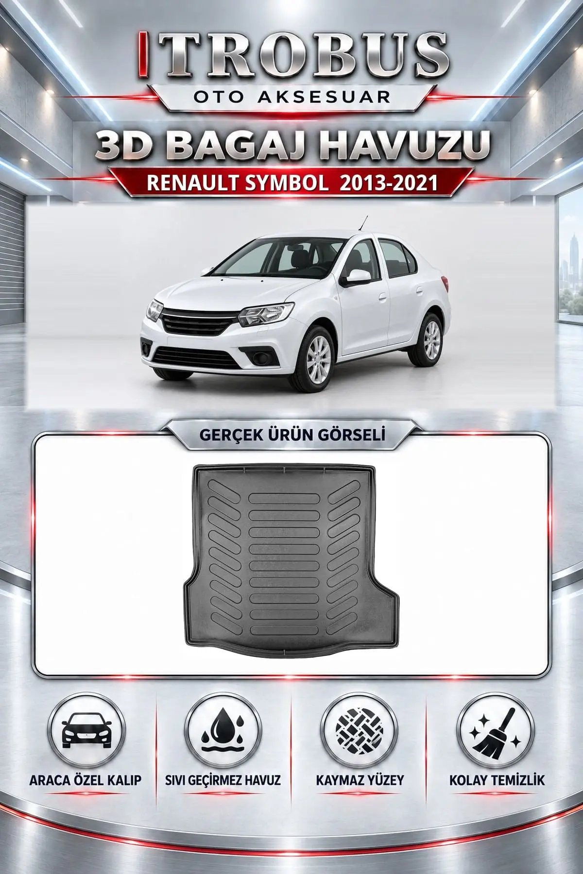 Renault Symbol 2013-2021 Araca Özel 3D Bagaj Havuzu