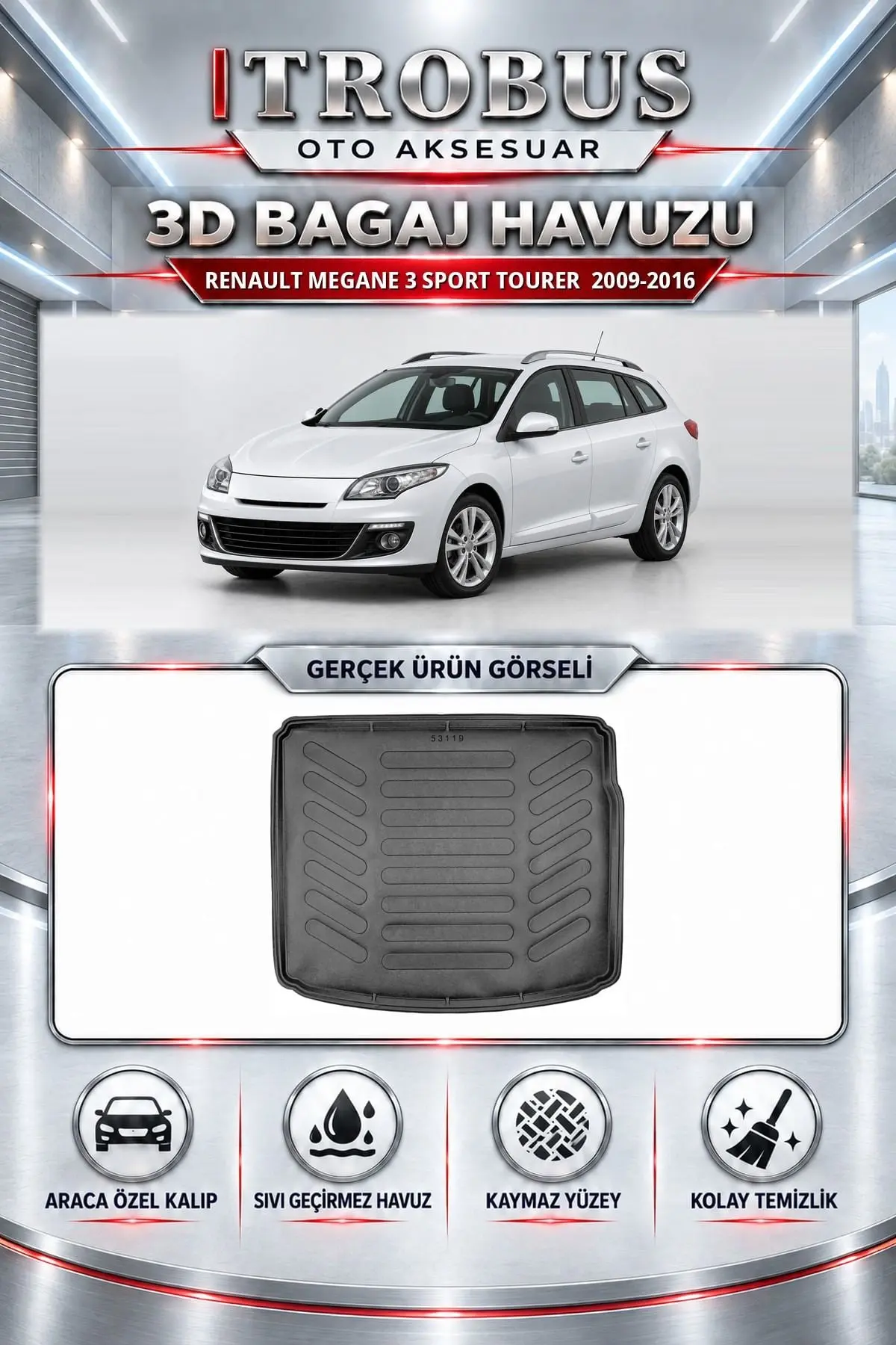 Renault Megane 3 2009-2016 Sport Tourer Araca Özel 3D Bagaj Havuzu