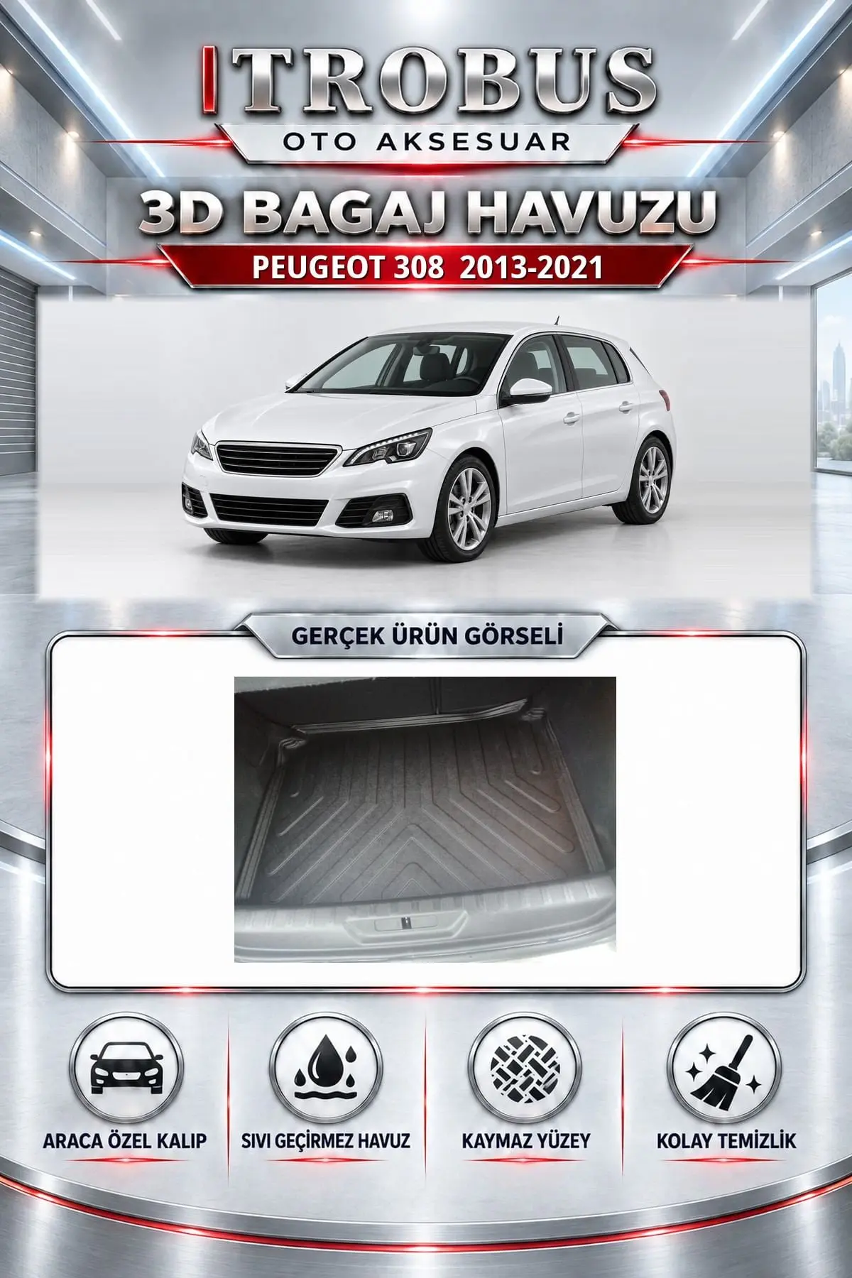 Peugeot 308 2013-2021 Araca Özel 3D Bagaj Havuzu