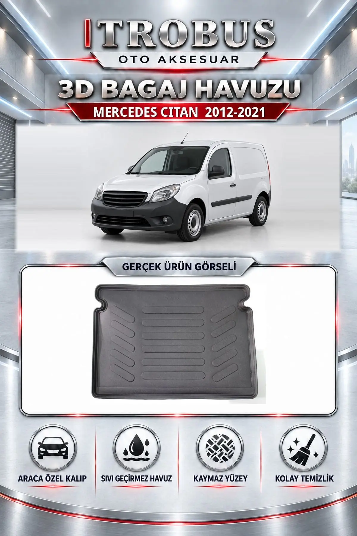 Mercedes-Benz Citan 2012-2021 Araca Özel 3D Bagaj Havuzu