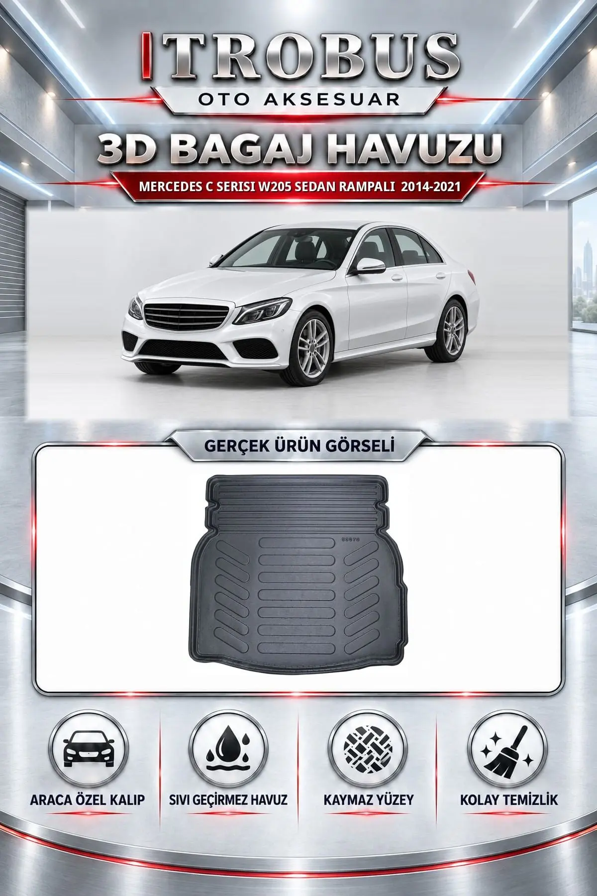 Mercedes-Benz C Serisi 2014-2021 W205 Sedan Rampalı Araca Özel 3D Bagaj Havuzu