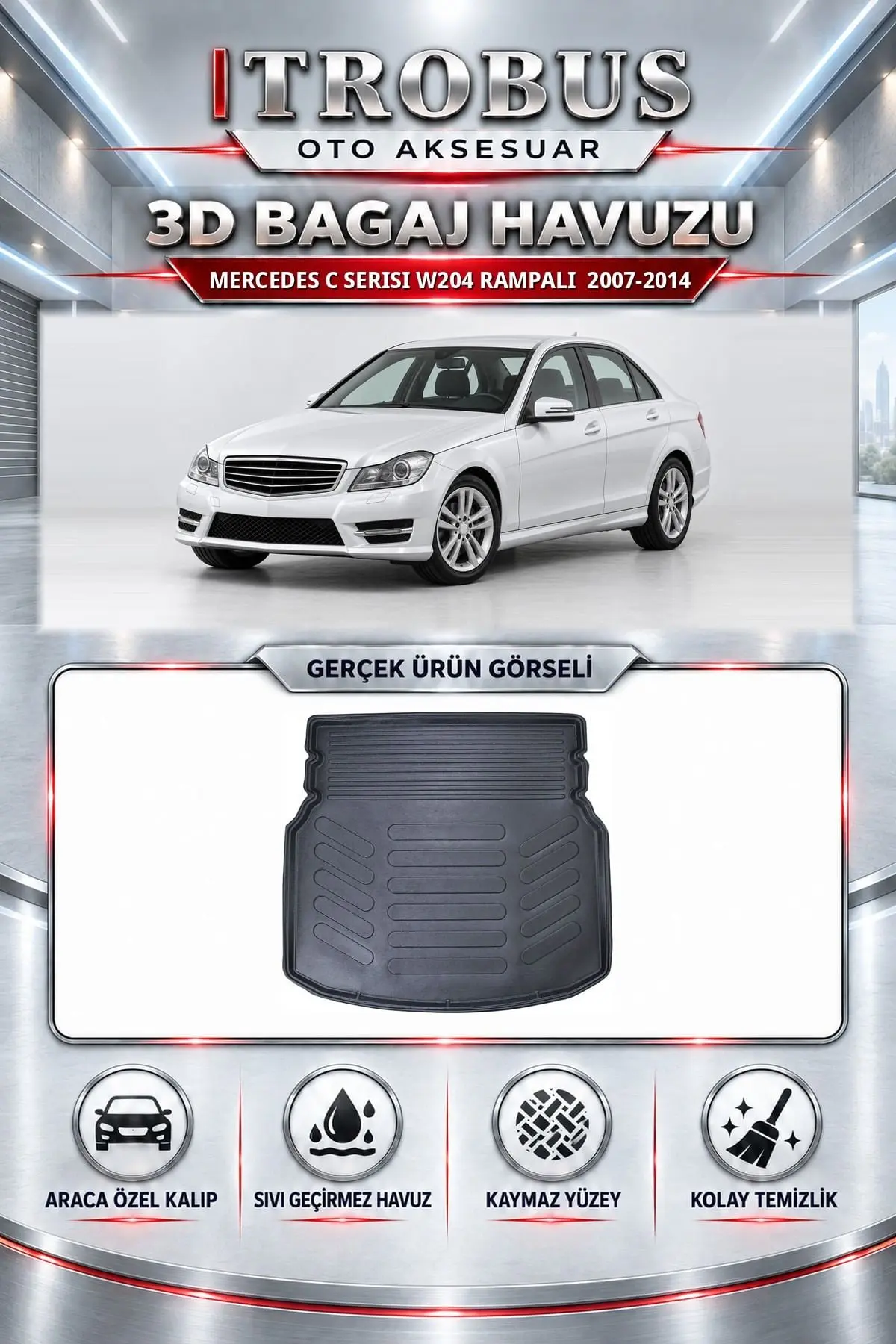 Mercedes-Benz C Serisi 2007-2014 W204 Rampalı Araca Özel 3D Bagaj Havuzu