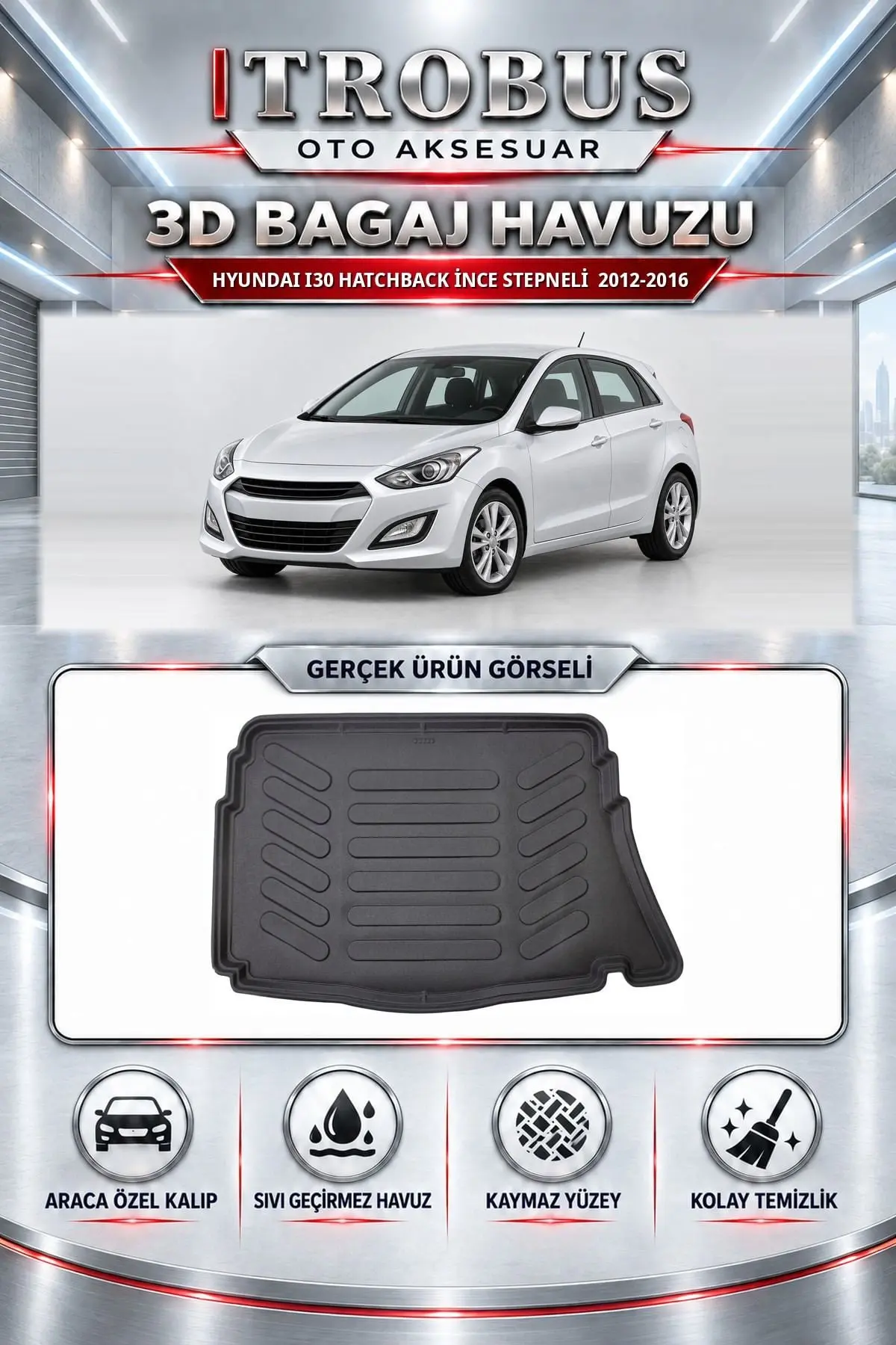 Hyundai i30 2012-2016 Hatchback İnce Stepneli Araca Özel 3D Bagaj Havuzu