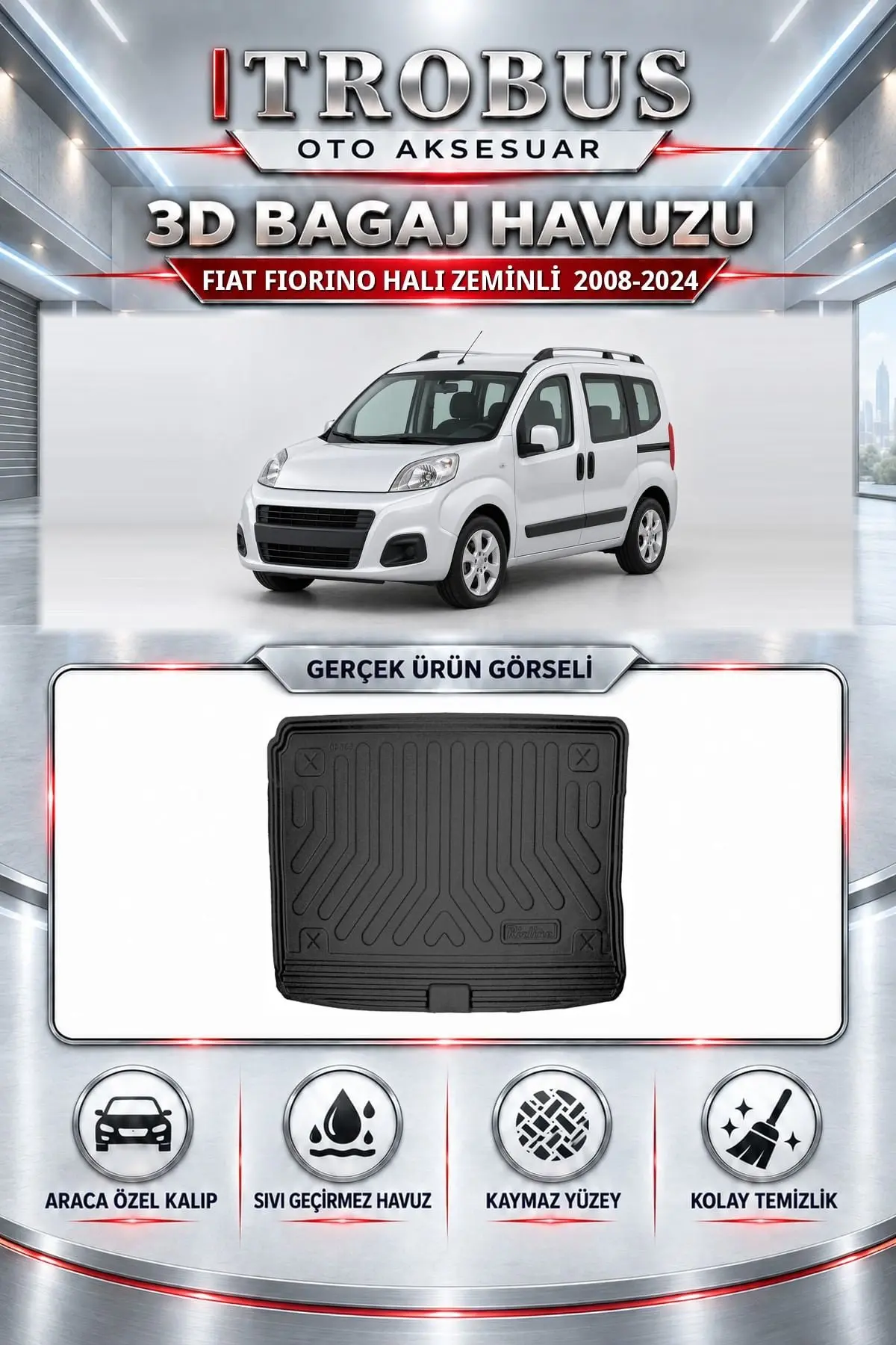 Fiat Fiorino 2008-2024 Halı Zeminli Araca Özel 3D Bagaj Havuzu