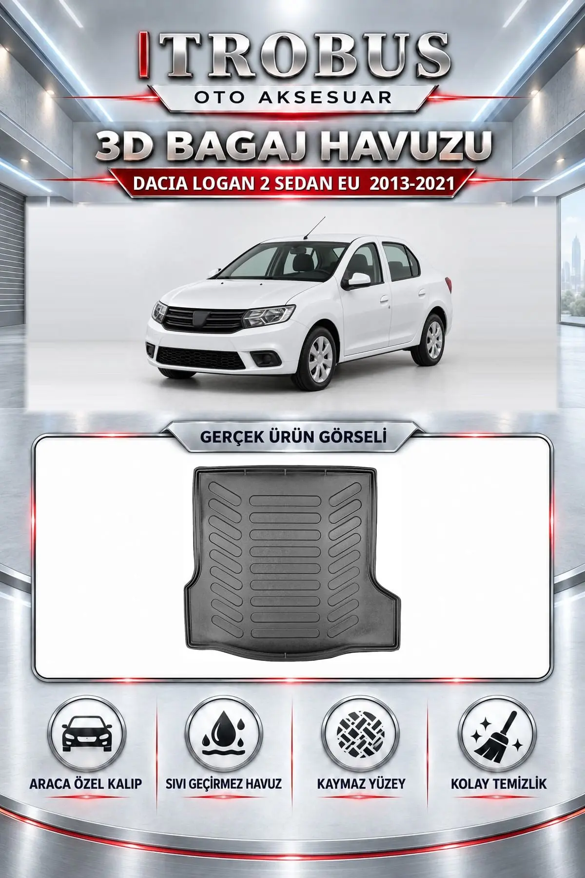 Dacia Logan 2 Sedan EU 2013-2021 Araca Özel 3D Bagaj Havuzu