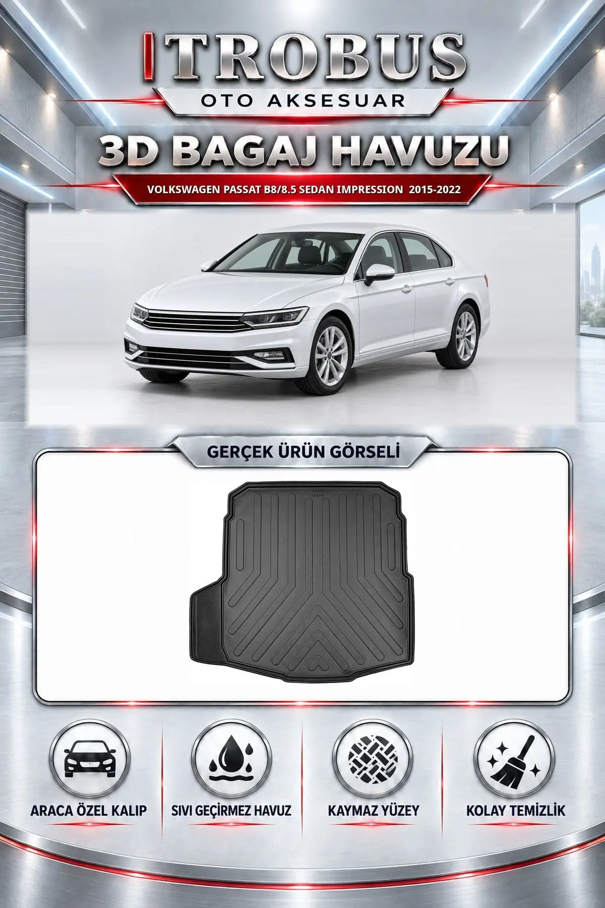 Volkswagen Passat B8/8.5 2015-2022 Sedan Impression Araca Özel 3D Bagaj Havuzu
