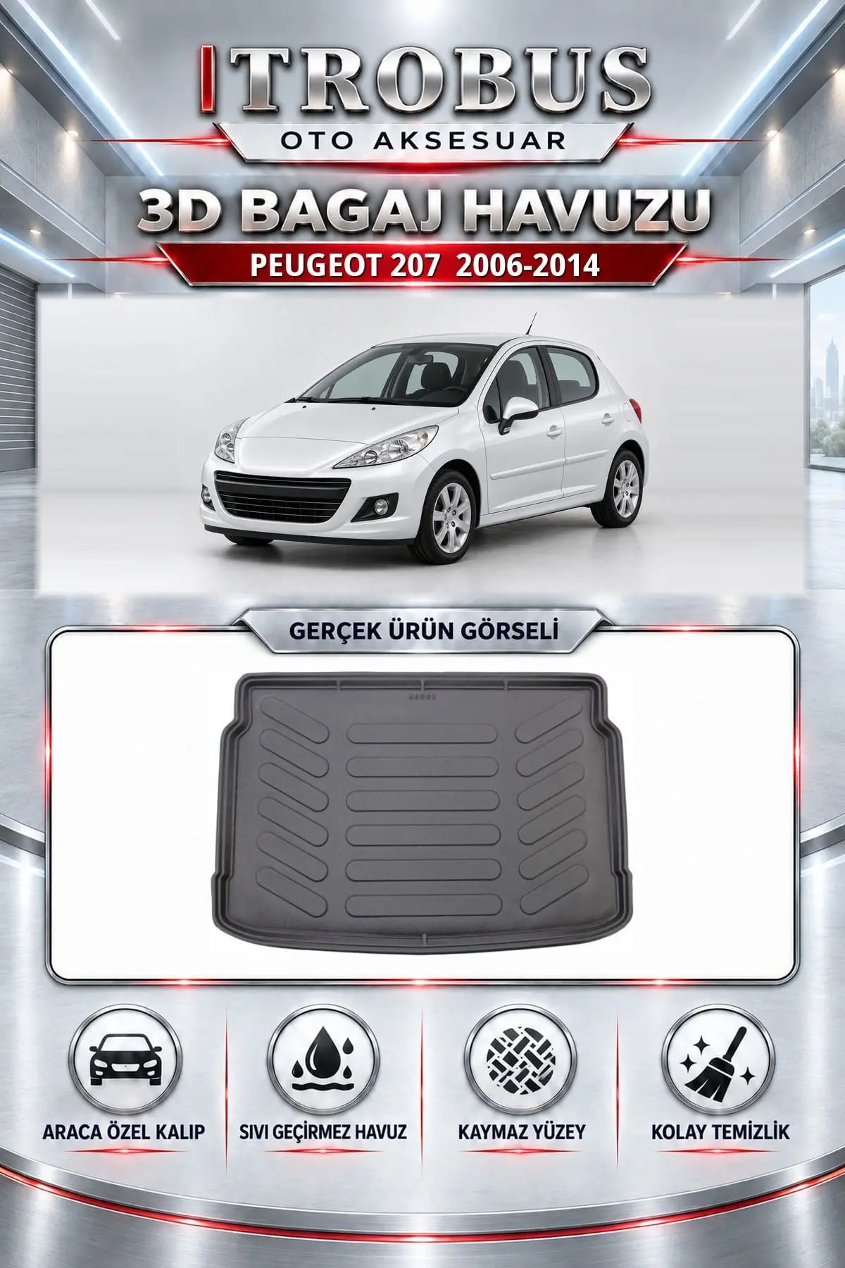 Peugeot 207 2006-2014 Araca Özel 3D Bagaj Havuzu