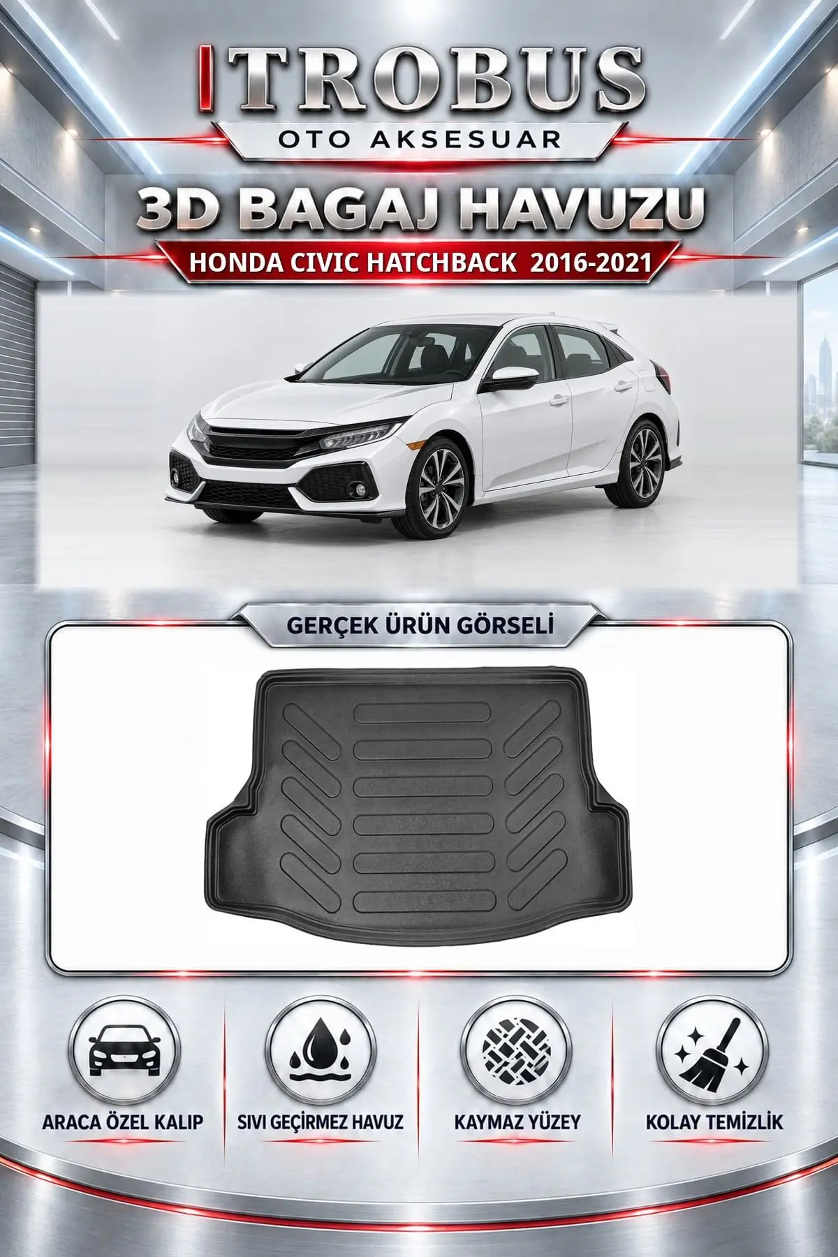 Honda Civic 2016-2021 Hatchback Araca Özel 3D Bagaj Havuzu