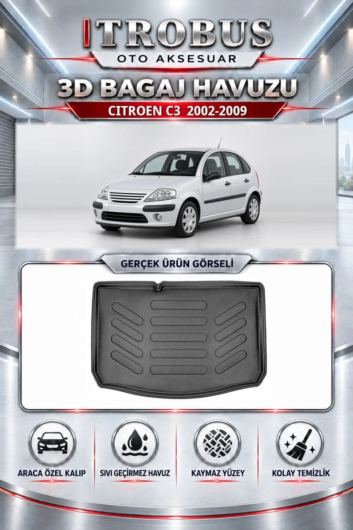 Citroen C3 2002-2009 Araca Özel 3D Bagaj Havuzu