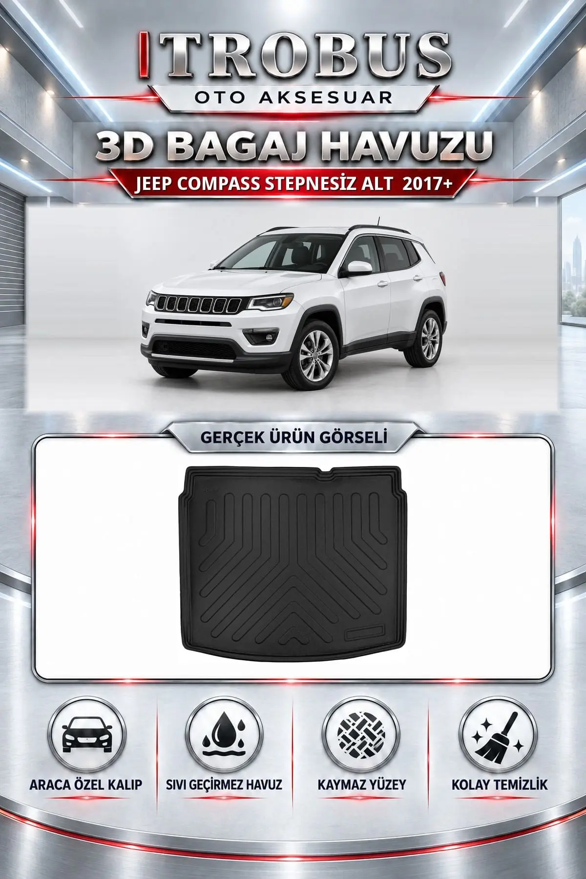 Jeep Compass 2017 Sonrası Stepnesiz Alt Araca Özel 3D Bagaj Havuzu