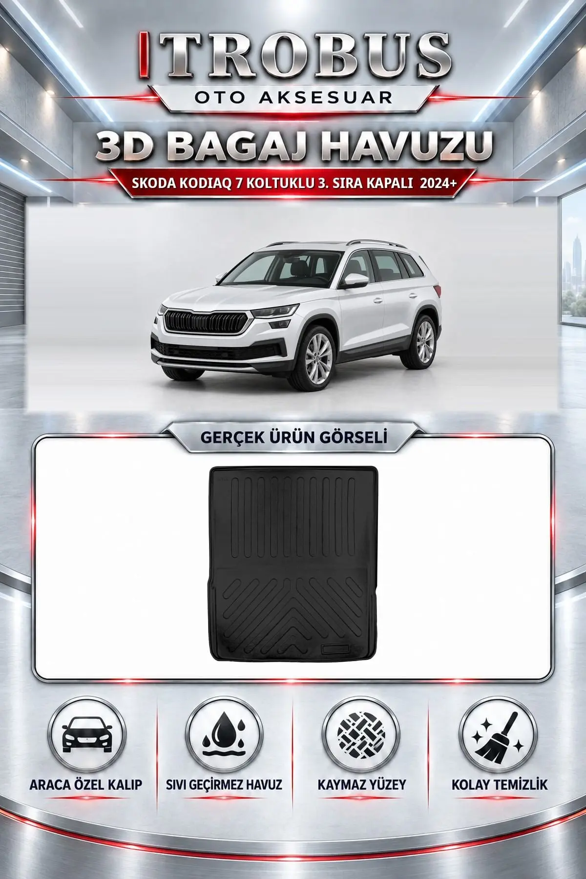 Skoda Kodiaq 2024 Sonrası 7 Koltuklu 3. Sıra Kapalı Araca Özel 3D Bagaj Havuzu