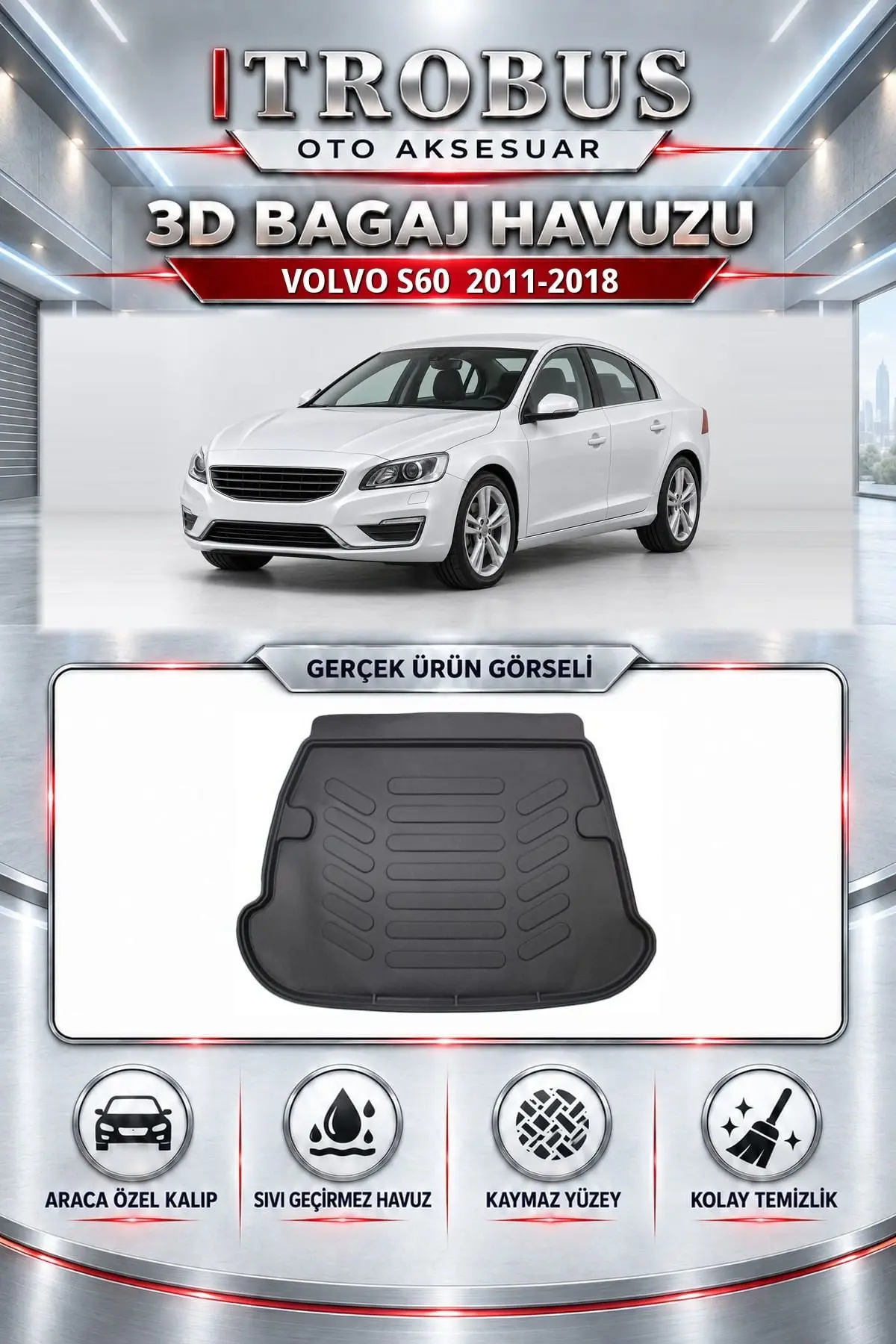 Volvo S60 2011-2018 Araca Özel 3D Bagaj Havuzu