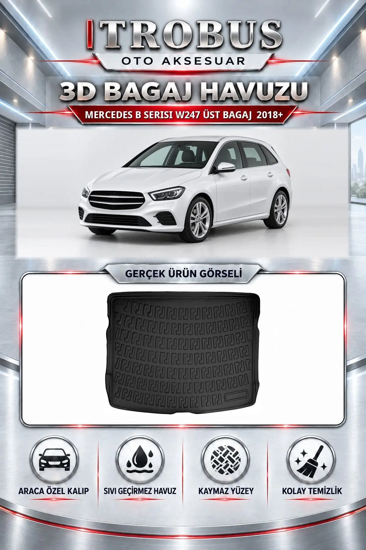 Mercedes-Benz B Serisi 2018 Sonrası W247 Üst Bagaj Araca Özel 3D Bagaj Havuzu