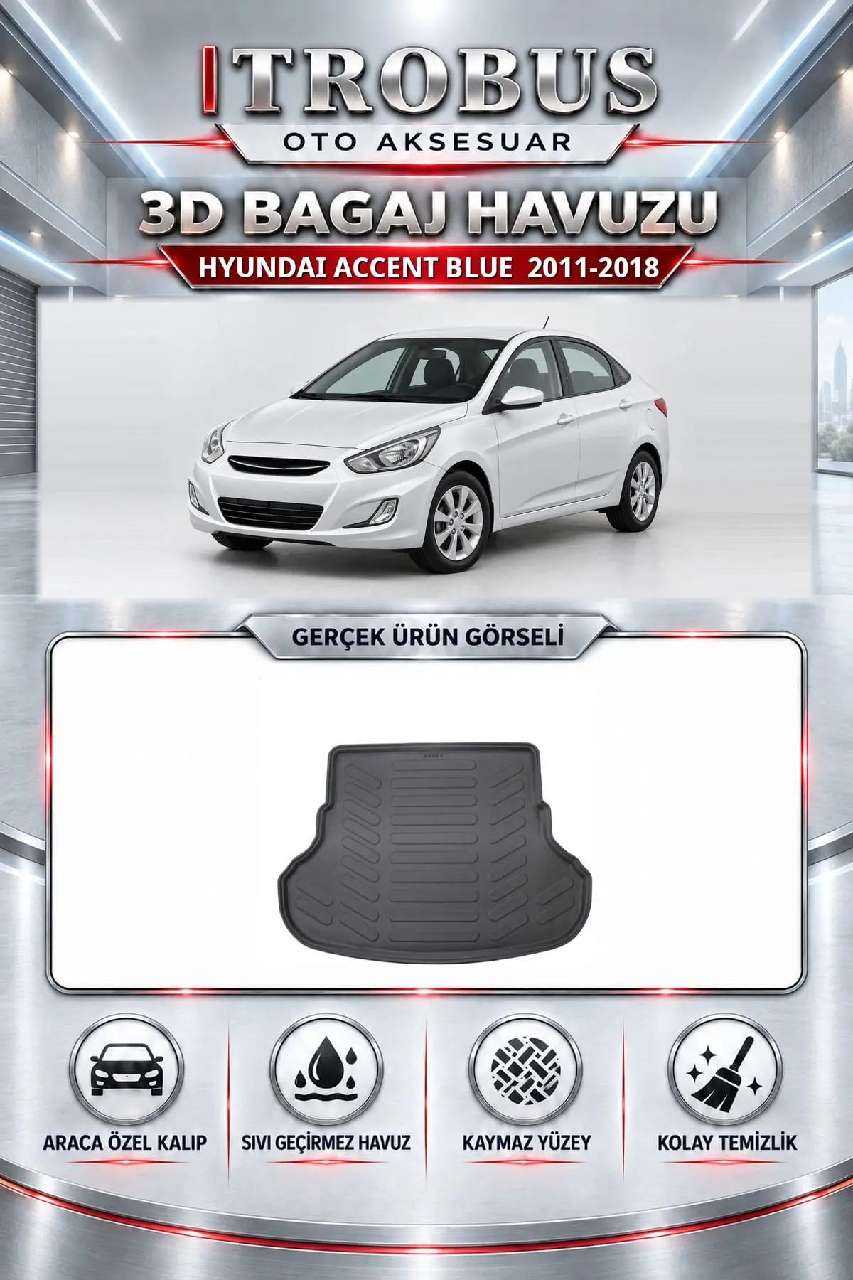 Hyundai Accent Blue 2011-2018 Araca Özel 3D Bagaj Havuzu
