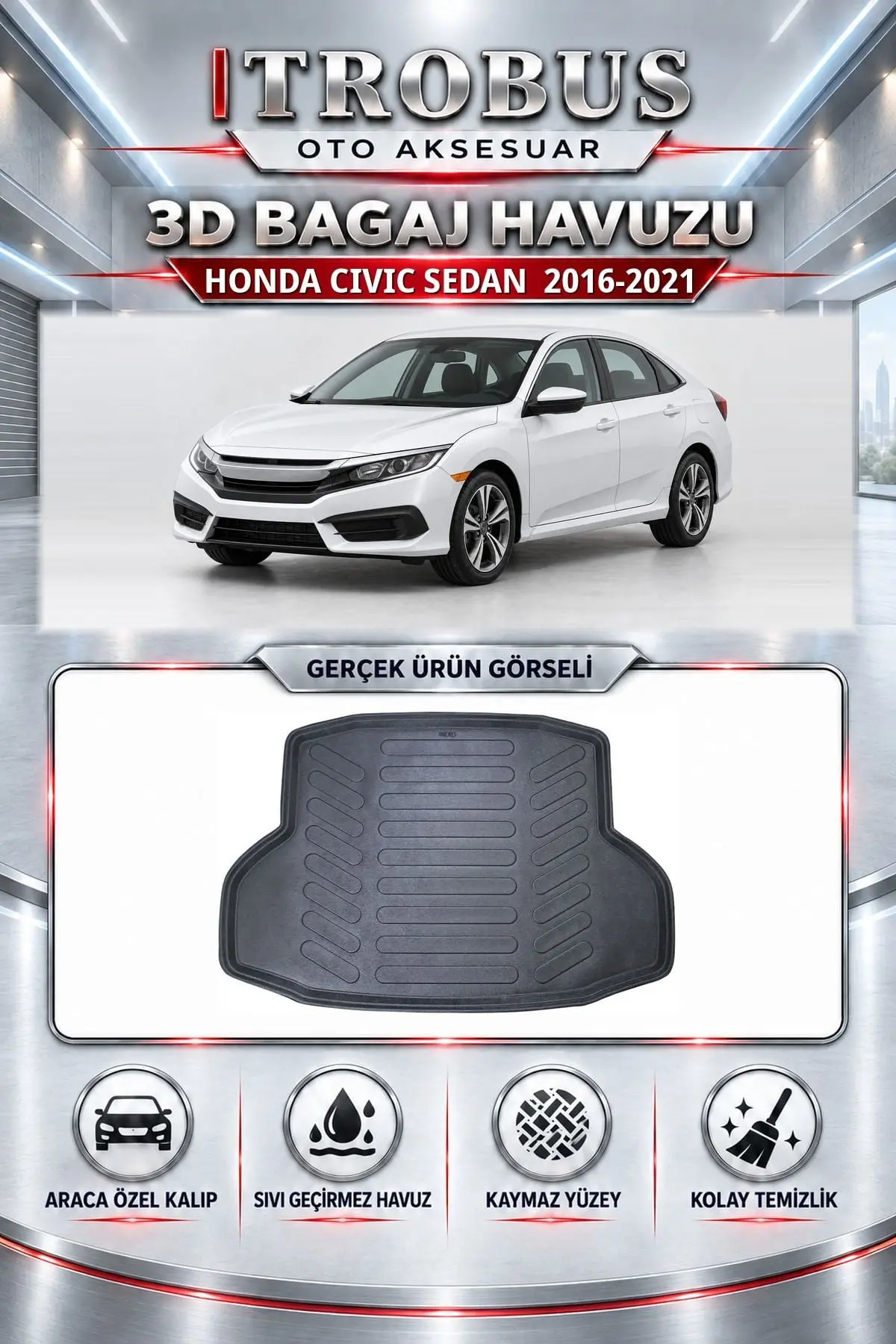 Honda Civic 2016-2021 Sedan Araca Özel 3D Bagaj Havuzu