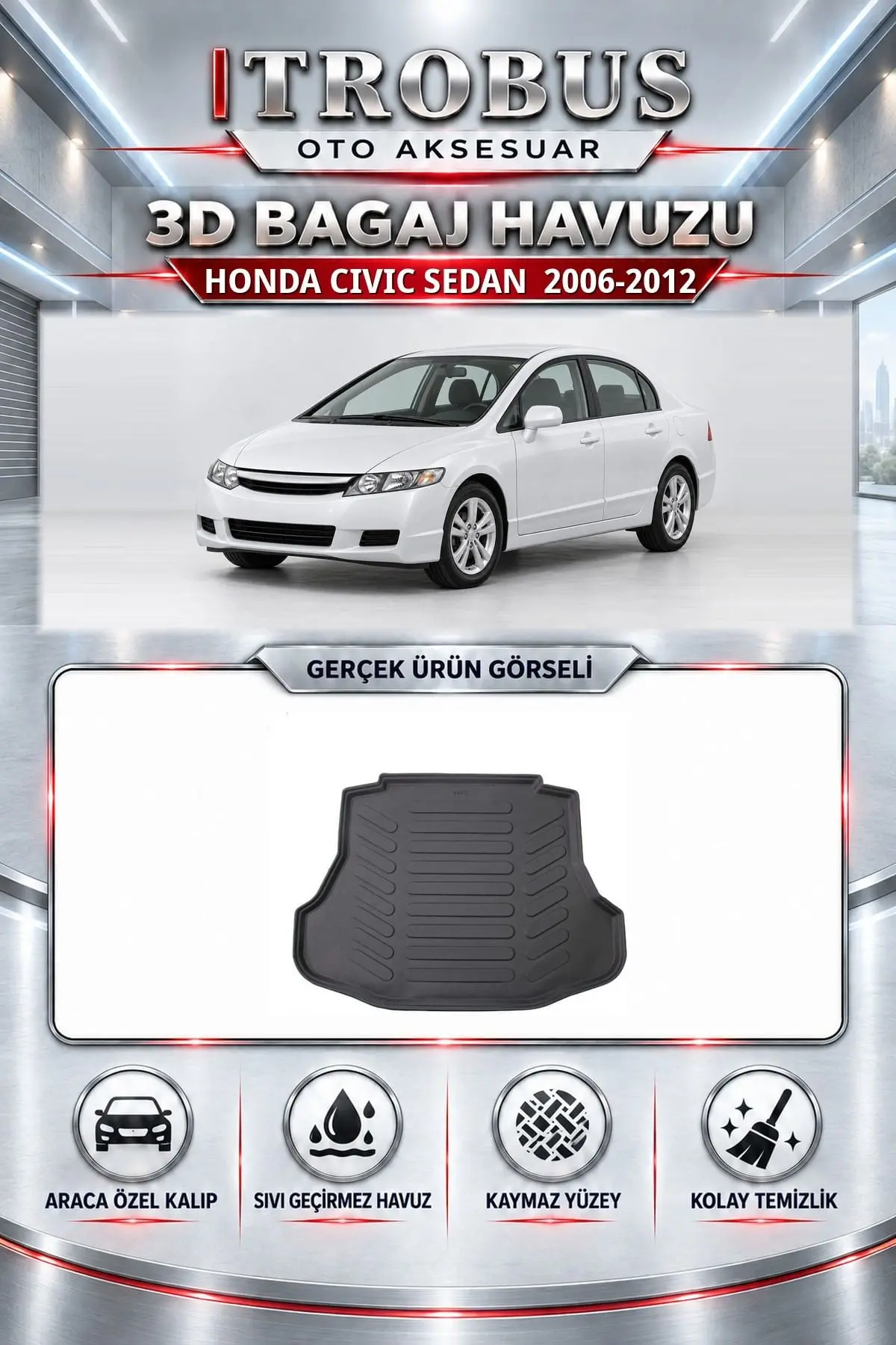 Honda Civic 2006-2012 Sedan Araca Özel 3D Bagaj Havuzu