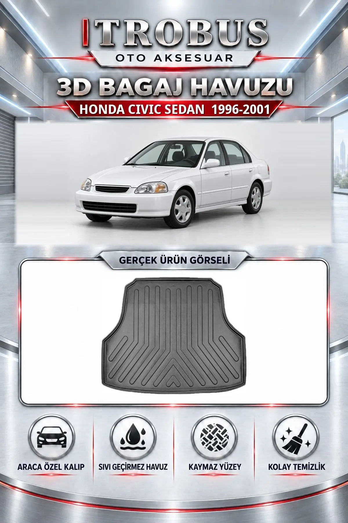 Honda Civic 1996-2001 Sedan Araca Özel 3D Bagaj Havuzu