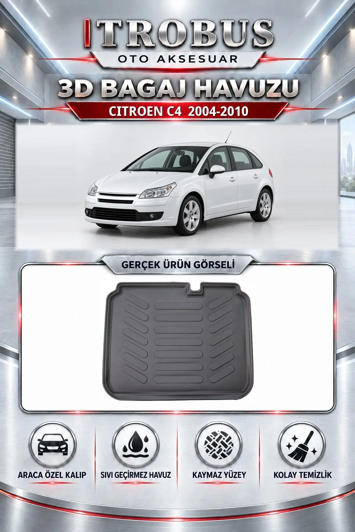 Citroen C4 2004-2010 Araca Özel 3D Bagaj Havuzu