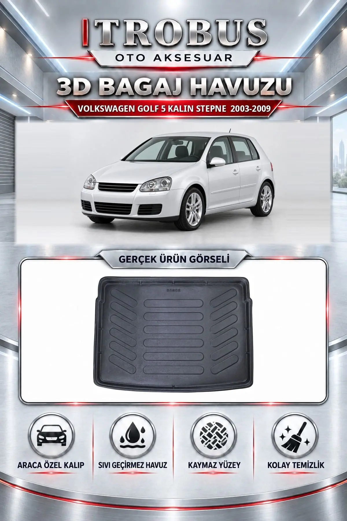 Volkswagen Golf 5 2003-2009 Kalın stepne Araca Özel 3D Bagaj Havuzu