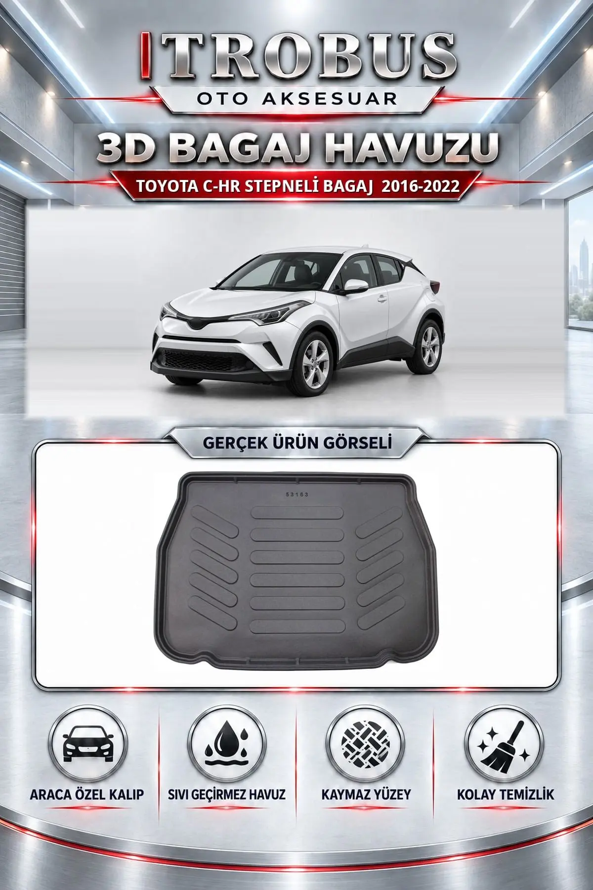 Toyota C-HR 2016-2022 Stepneli Bagaj Araca Özel 3D Bagaj Havuzu