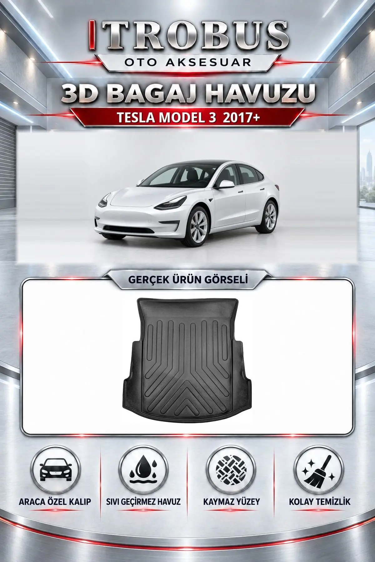 Tesla Model 3 2017 Sonrası Araca Özel 3D Bagaj Havuzu