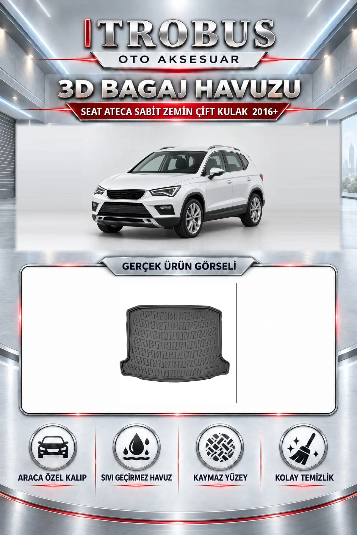 Seat Ateca 2016 Sonrası Sabit Zemin Çift Kulak Araca Özel 3D Bagaj Havuzu