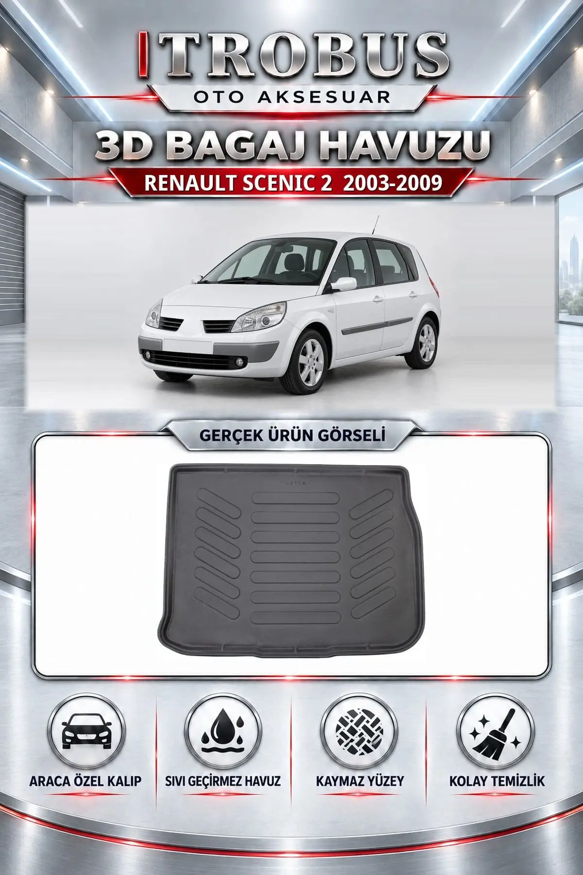 Renault Scenic 2 2003-2009 Araca Özel 3D Bagaj Havuzu