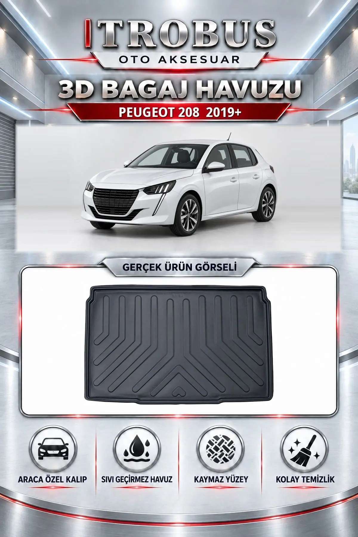Peugeot 208 2019 Sonrası Araca Özel 3D Bagaj Havuzu