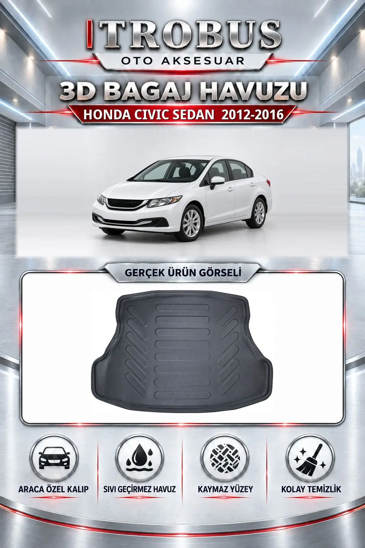 Honda Civic 2012-2016 Sedan Araca Özel 3D Bagaj Havuzu
