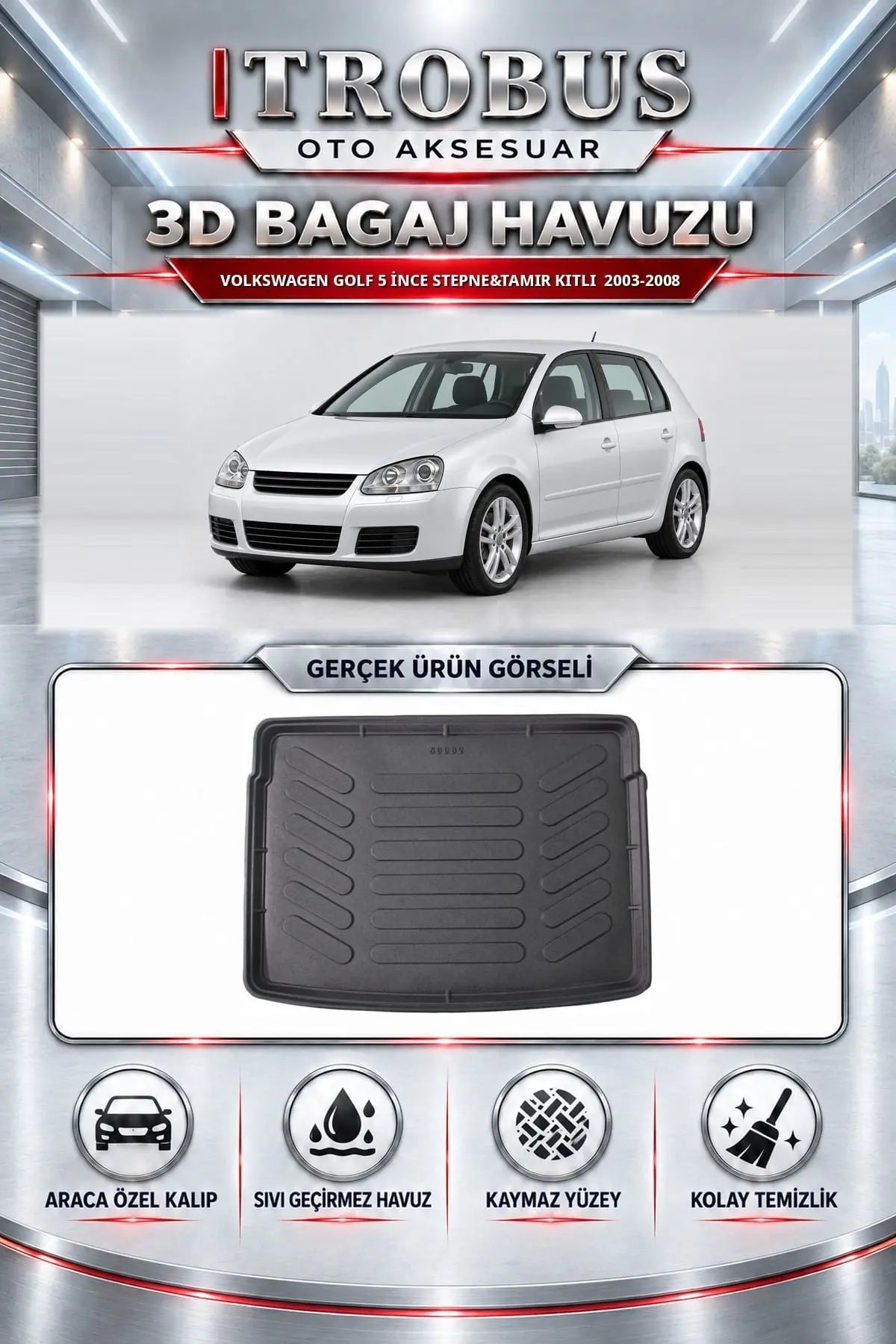 Volkswagen Golf 5 2003-2008 İnce Stepne&Tamir Kitli Araca Özel 3D Bagaj Havuzu
