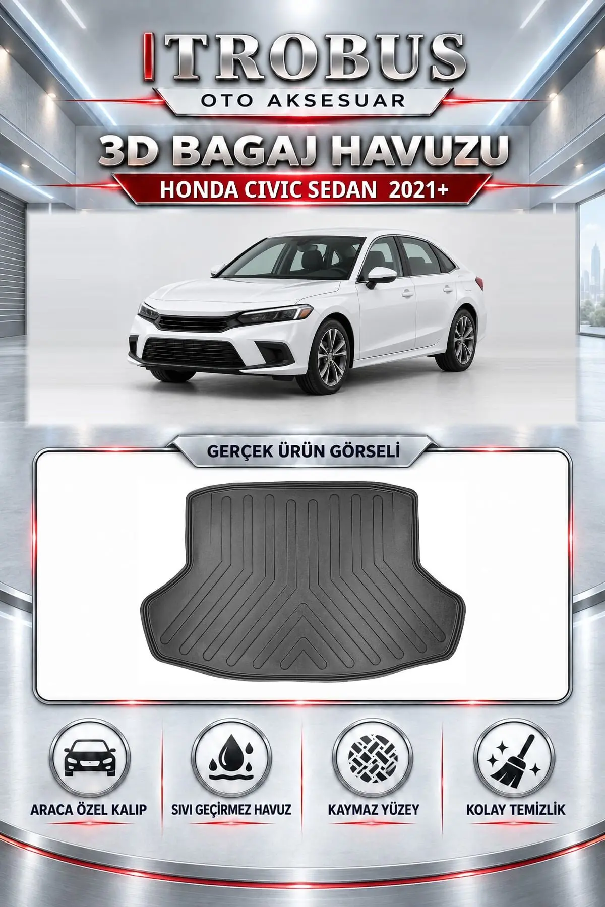 Honda Civic Sedan 2021 Sonrası Araca Özel 3D Bagaj Havuzu
