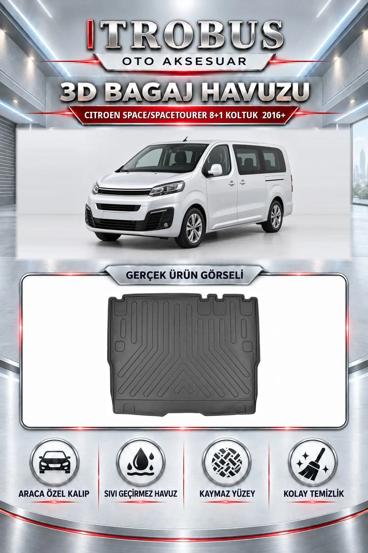 Citroen Space/Spacetourer 2016 Sonrası 8+1 Koltuk Araca Özel 3D Bagaj Havuzu
