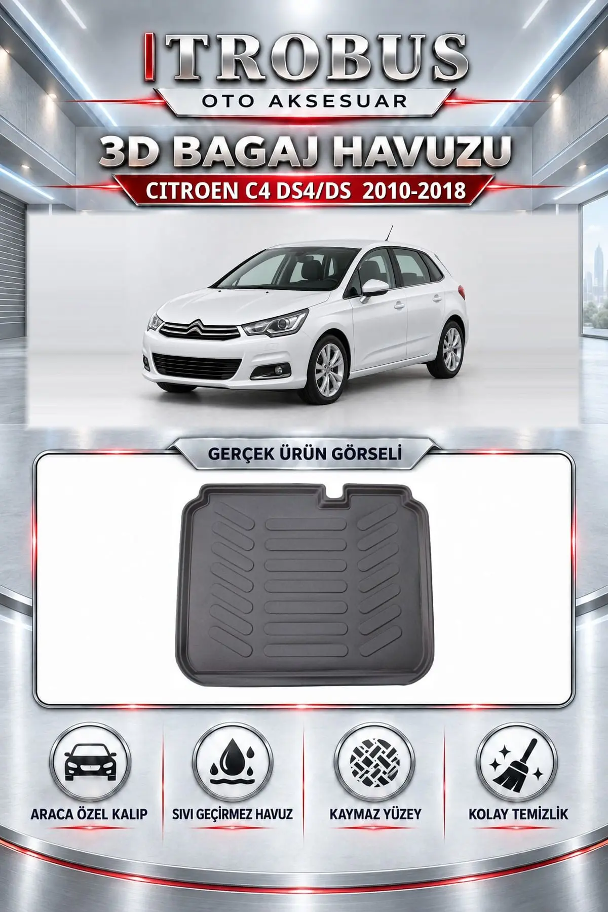 Citroen C4 DS4/DS 2010-2018 Araca Özel 3D Bagaj Havuzu
