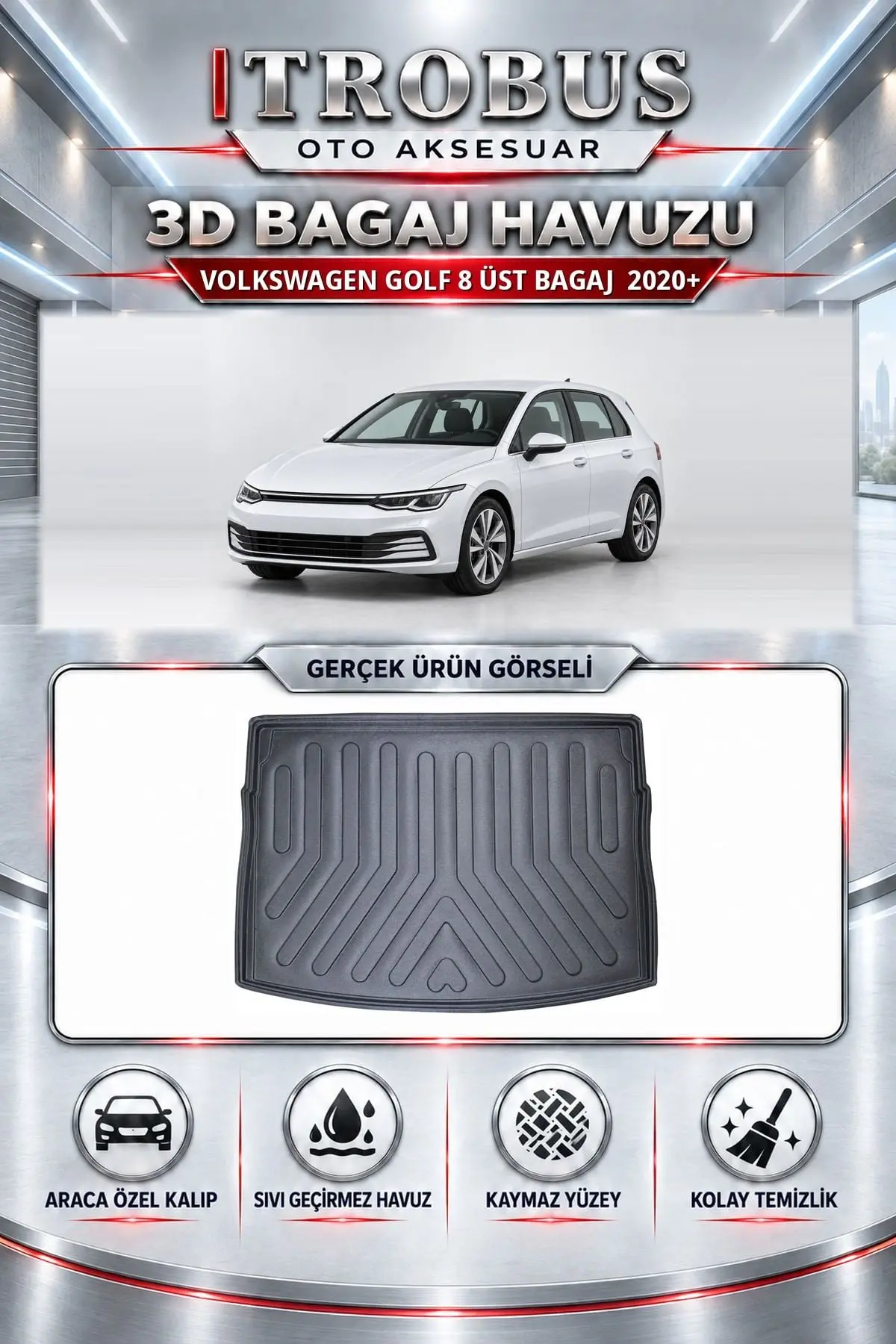 Volkswagen Golf 8 2020 Sonrası Üst Bagaj Araca Özel 3D Bagaj Havuzu