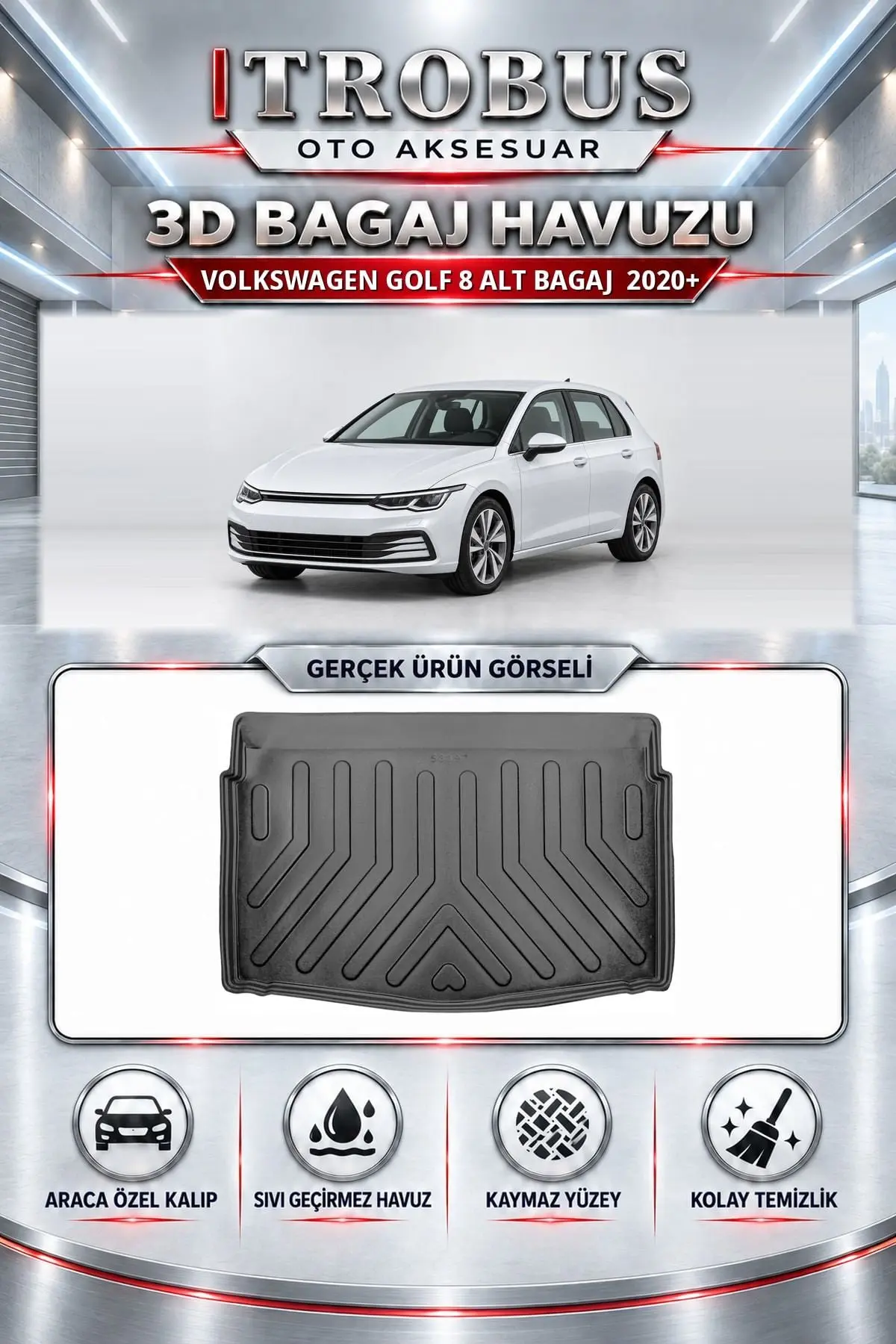 Volkswagen Golf 8 2020 Sonrası Alt Bagaj Araca Özel 3D Bagaj Havuzu
