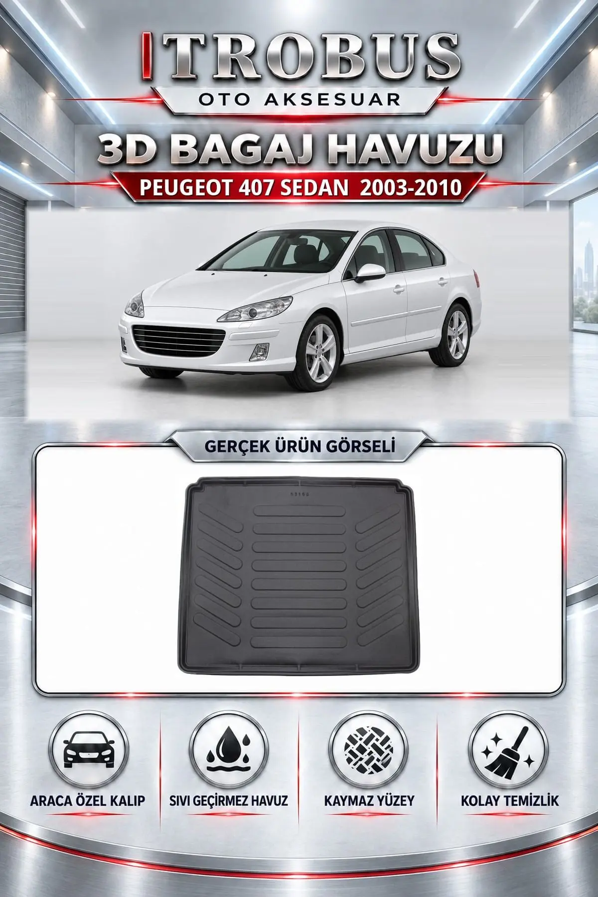Peugeot 407 2003-2010 Sedan Araca Özel 3D Bagaj Havuzu