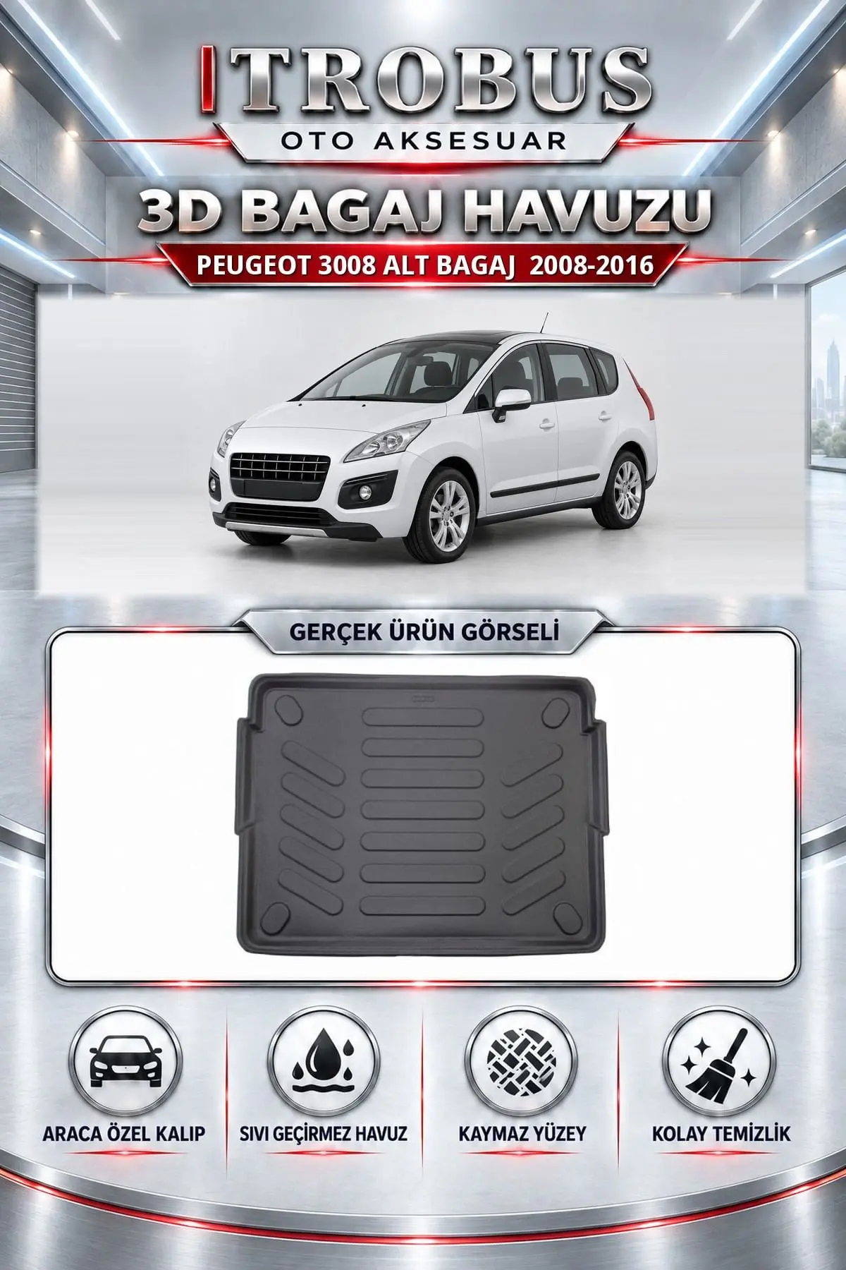 Peugeot 3008 2008-2016 Alt Bagaj Araca Özel 3D Bagaj Havuzu