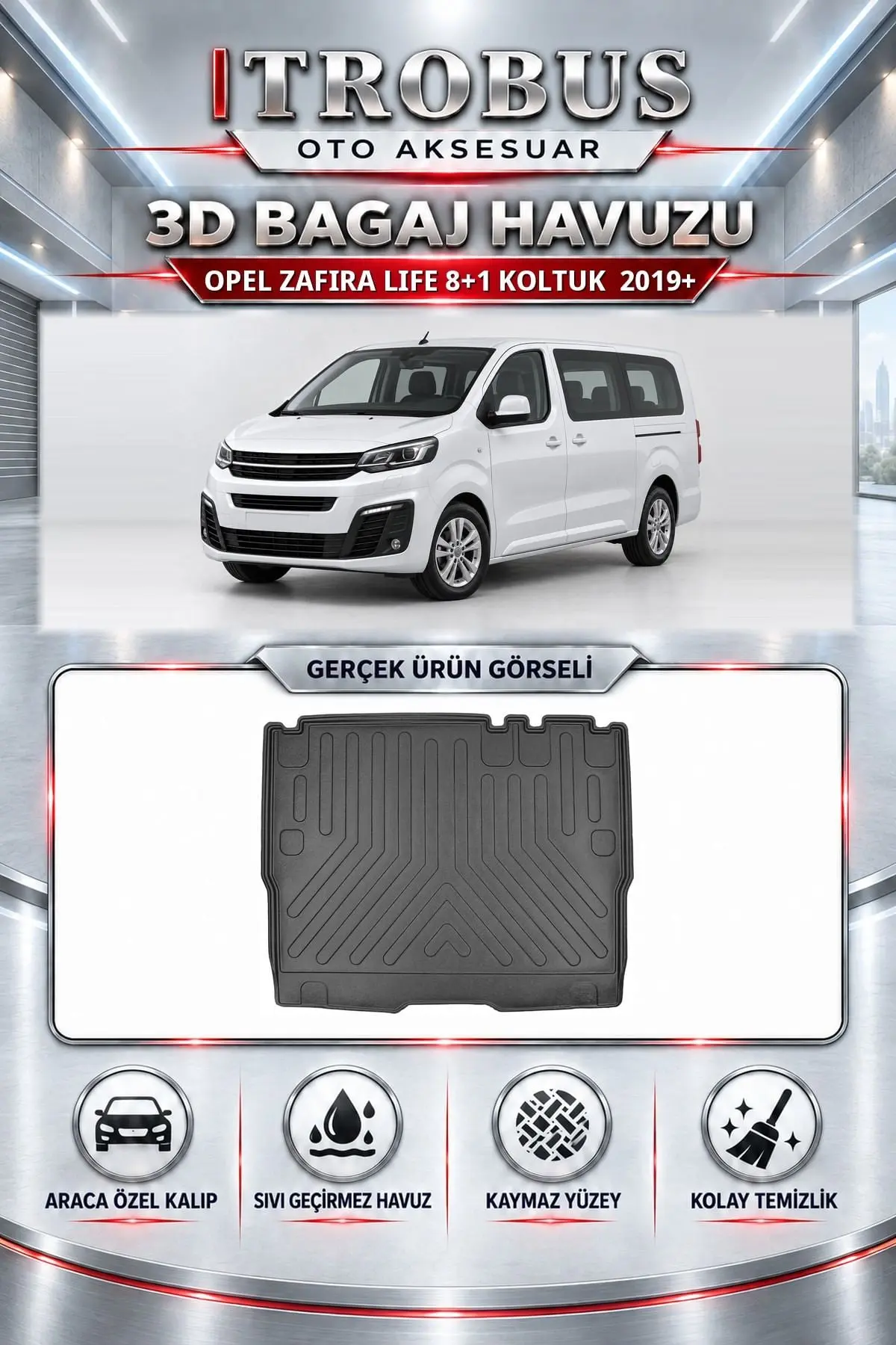 Opel Zafira Life 2019 Sonrası 8+1 Koltuk Araca Özel 3D Bagaj Havuzu