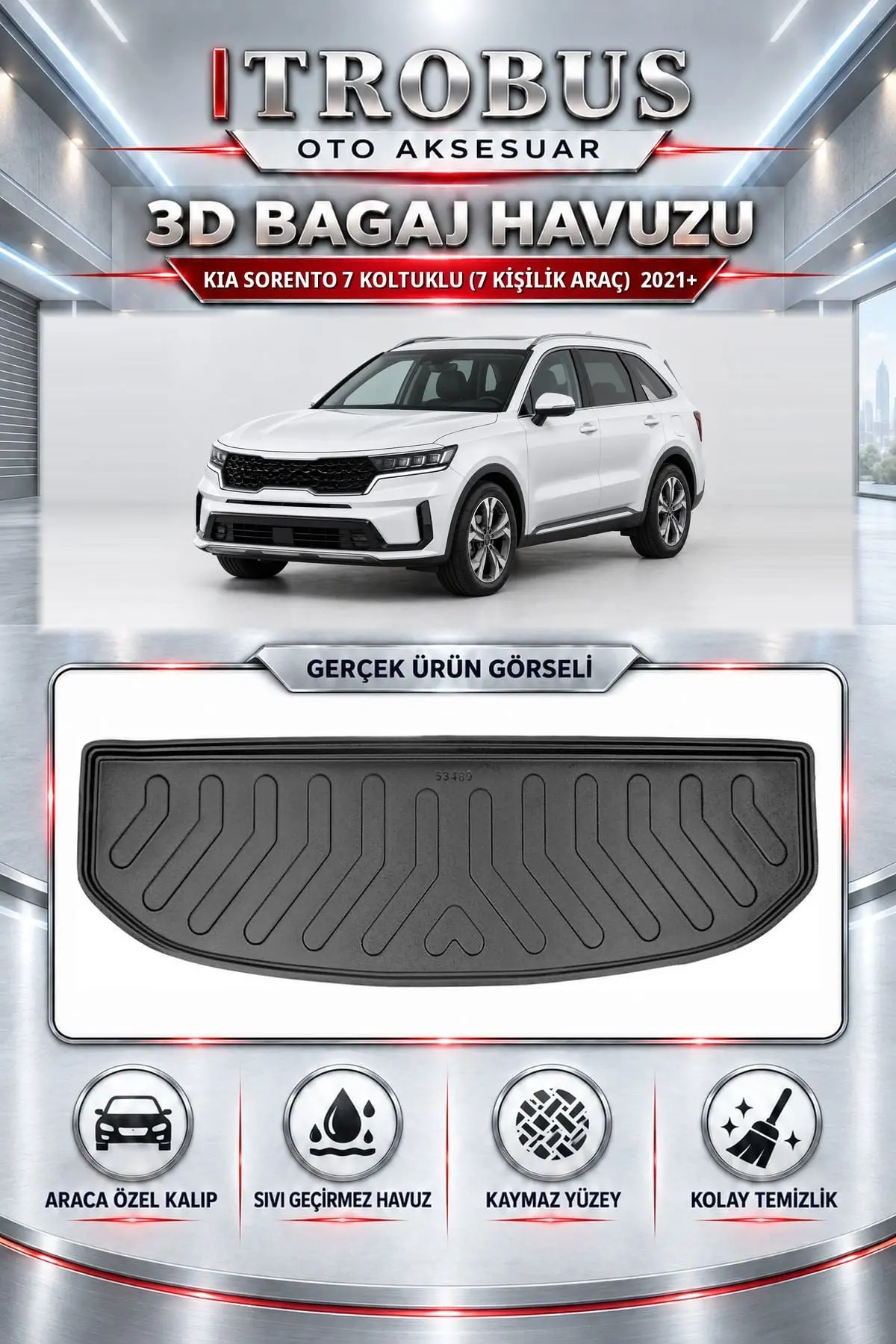Kia Sorento 2021 Sonrası 7 Koltuklu (7 Kişilik Araç) Araca Özel 3D Bagaj Havuzu