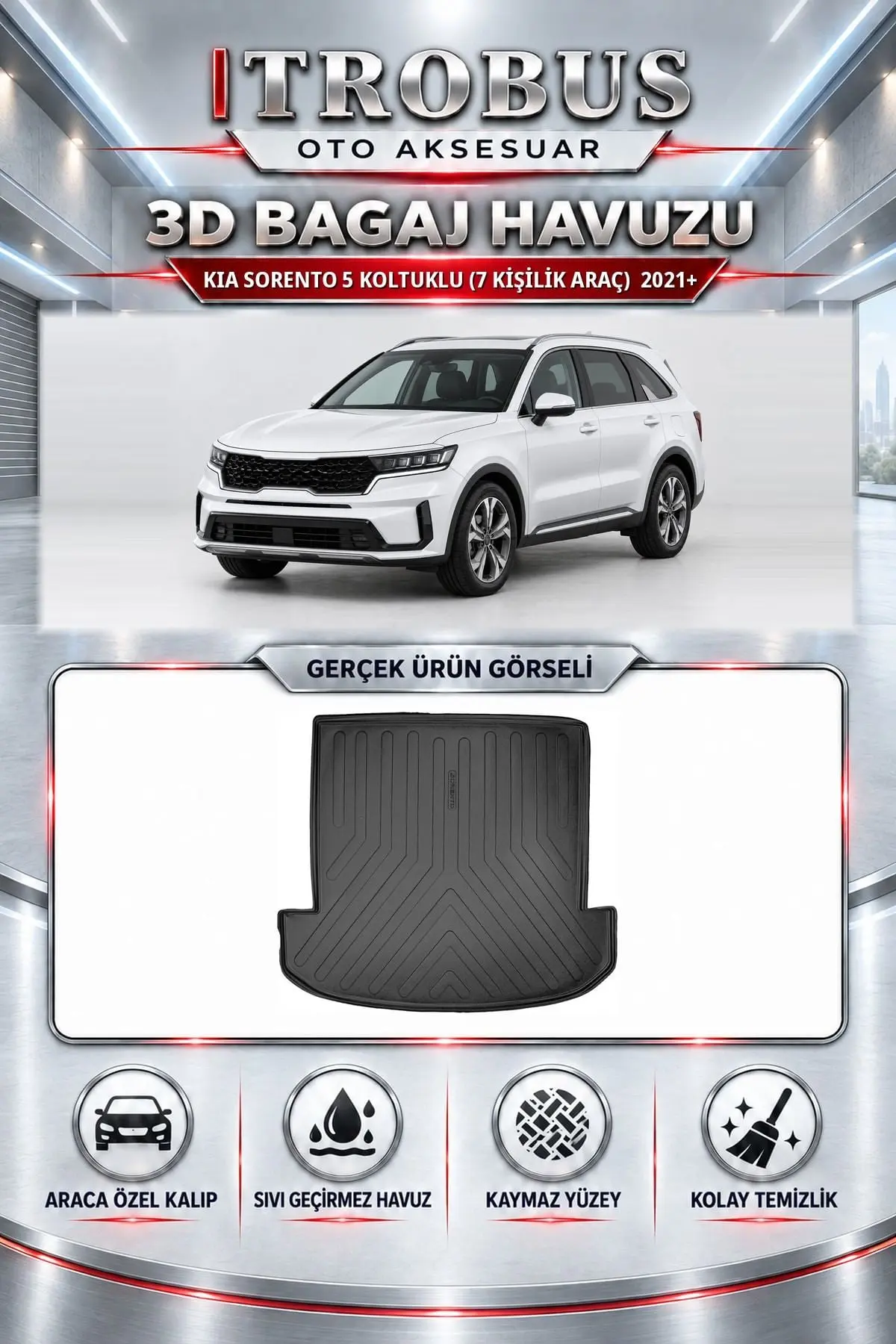Kia Sorento 2021 Sonrası 5 Koltuklu (7 Kişilik Araç) Araca Özel 3D Bagaj Havuzu