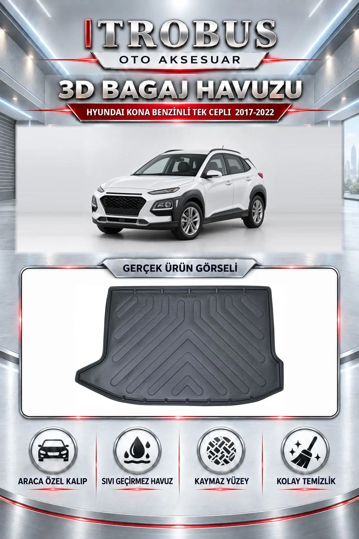 Hyundai Kona 2017-2022 Benzinli Tek Cepli Araca Özel 3D Bagaj Havuzu